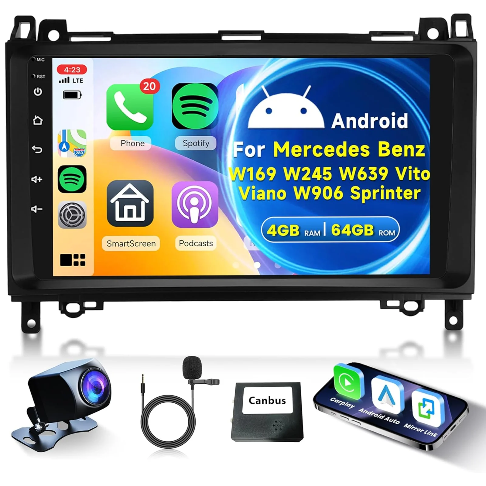 DAB+ Autoradio für Mercedes Benz W169 W245 B200 W906 Sprinter W639 Vito, kabelloses CarPlay, Android Auto, 2-DIN-DVD-Autoradio, DVR