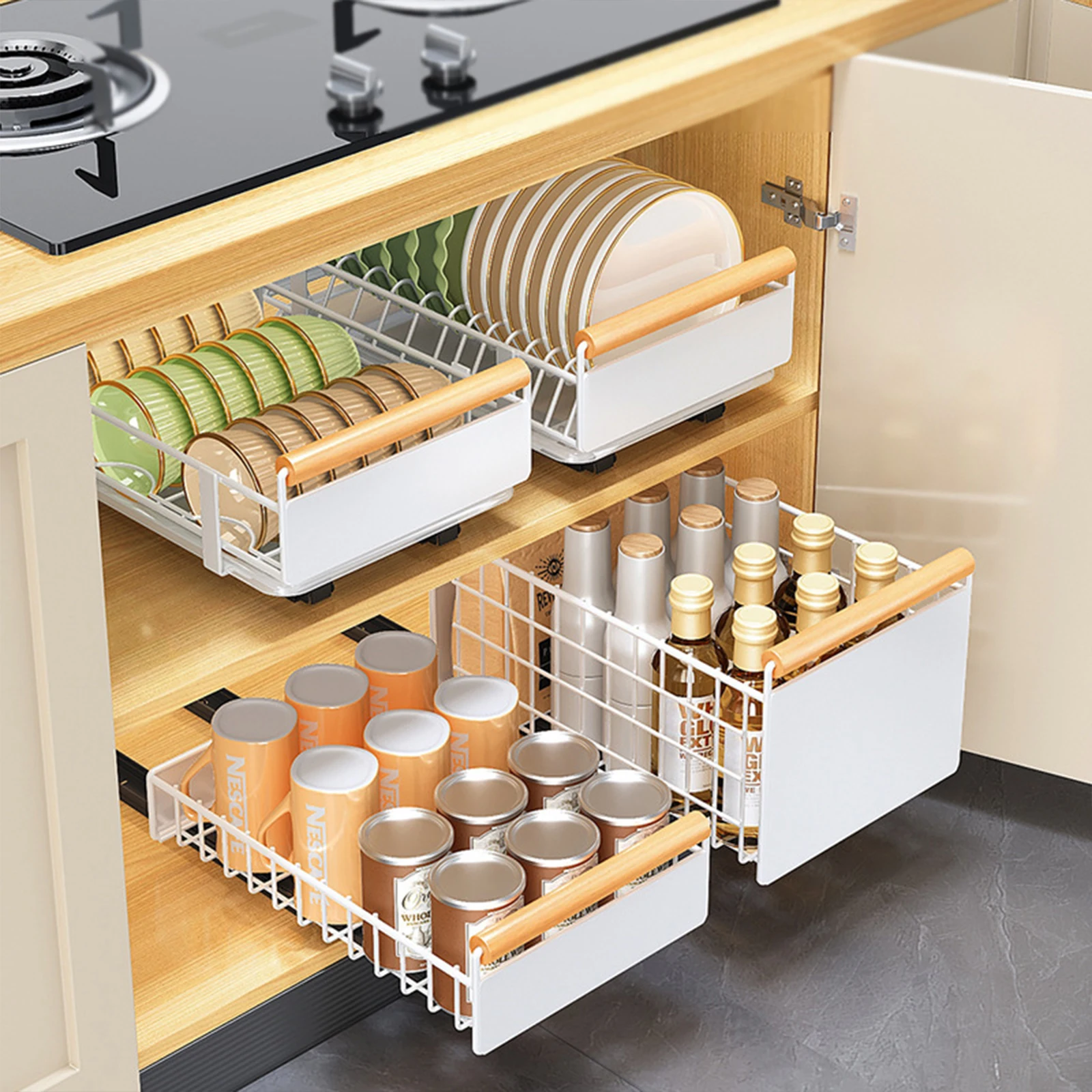Ausziehbarer Schrank-Organizer, ausziehbares Speisekammer-Regal, Schubladenaufbewahrung, verschiebbarer Netzschrank, Korb für Speisekammer, Schrank, Küche, Badezimmer