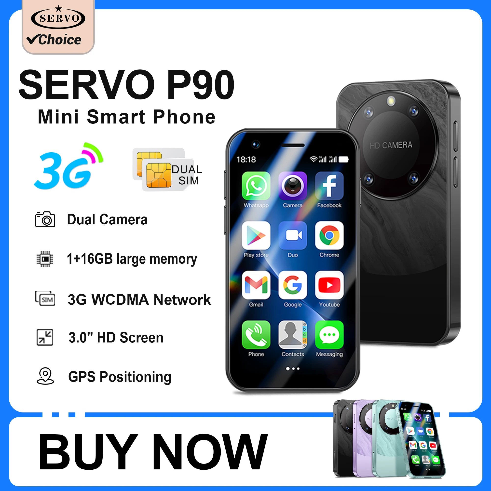 SERVO P90 Mini-Smartphone 3G Android-System WiFi Gesichtserkennung Store 3,0-Zoll-Display Kleine Handfläche Smartphones Dual SIM Standby Image