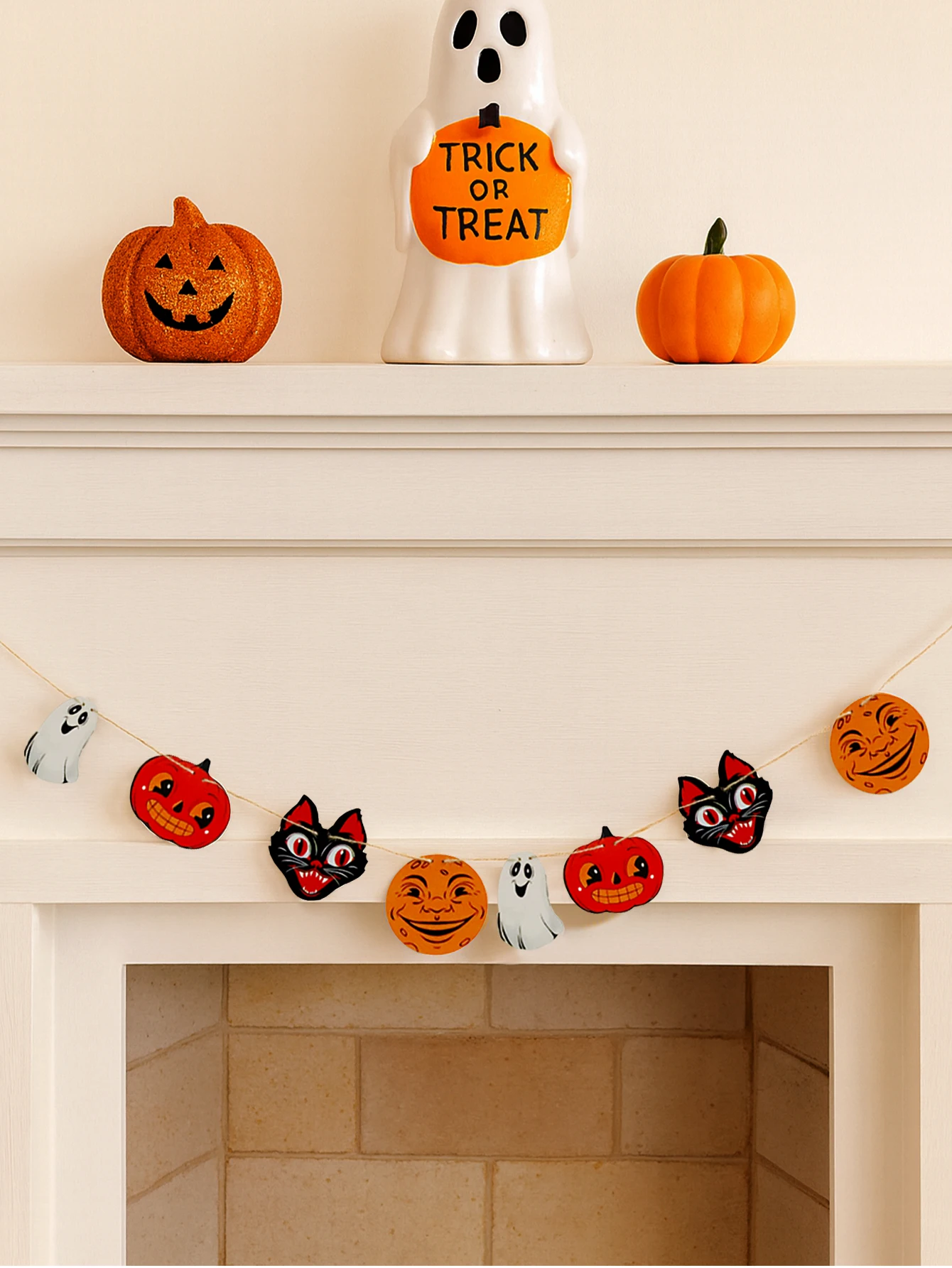 1 Stück Halloween-Girlande aus Holz, niedlicher Geist, Kürbis und schwarze Katzenform, Wanddekoration, hängende Verzierung für Zuhause, Party und Kamin Image