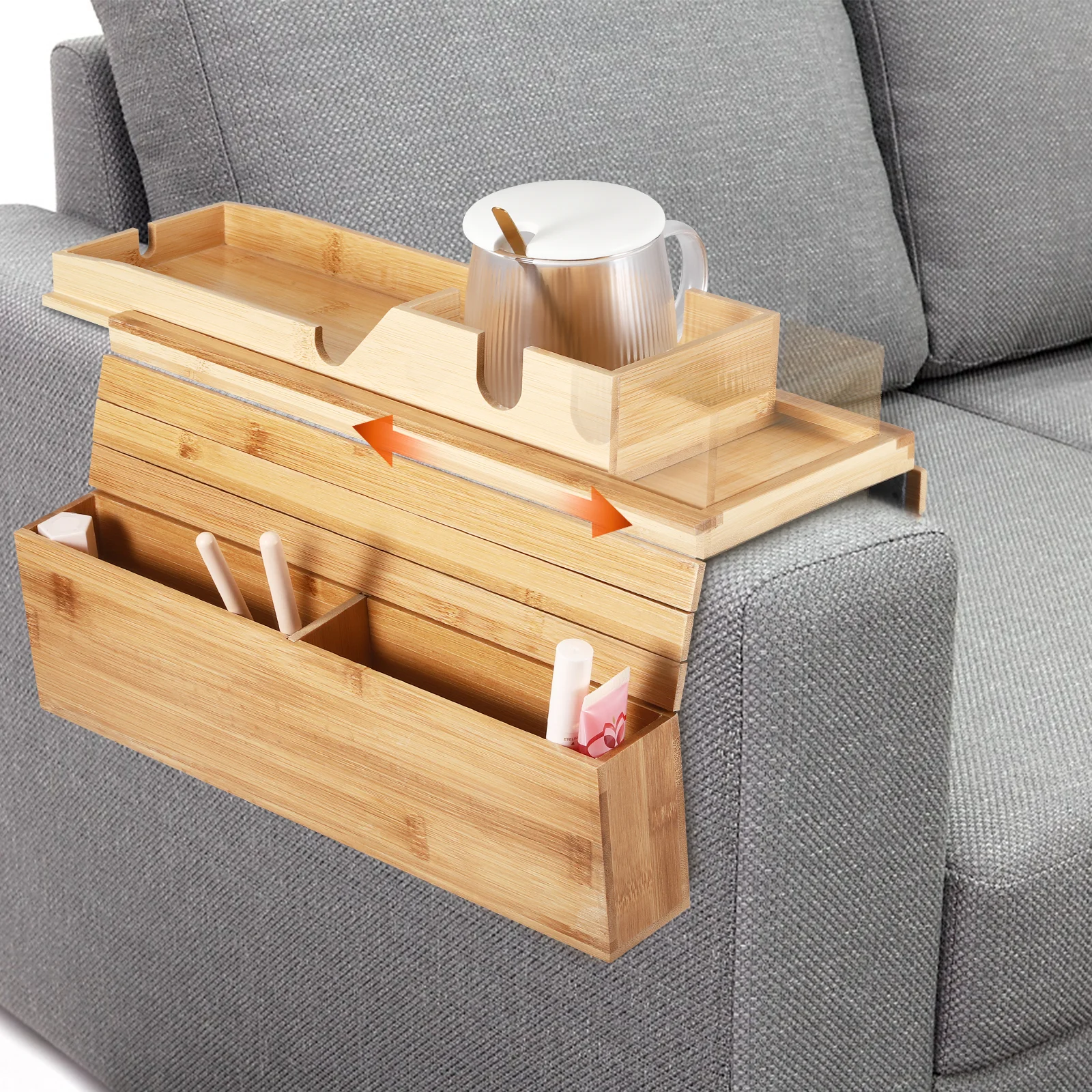 Bambus-Couch-Getränkehalter mit seitlicher Aufbewahrungstasche und Telefonhalter, rutschfeste Sofa-Armlehnen-Tablett, Tisch-Couch-Arm-Tablett-Organizer
