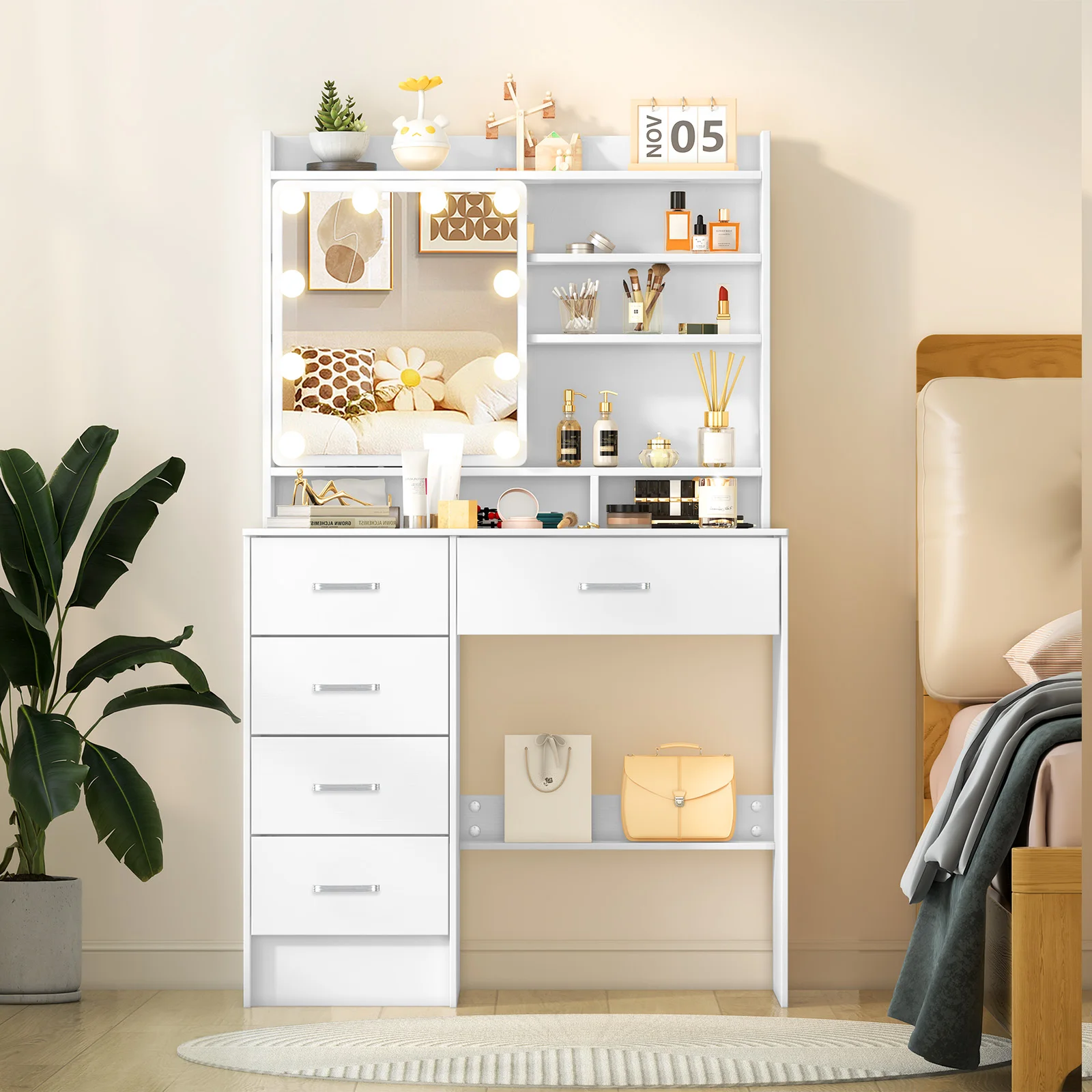 (Wintergeschenk) Brandneuer Schlafzimmer-Schminktisch mit Kosmetikspiegel, drei Farbmodi und einstellbarer Helligkeit Image