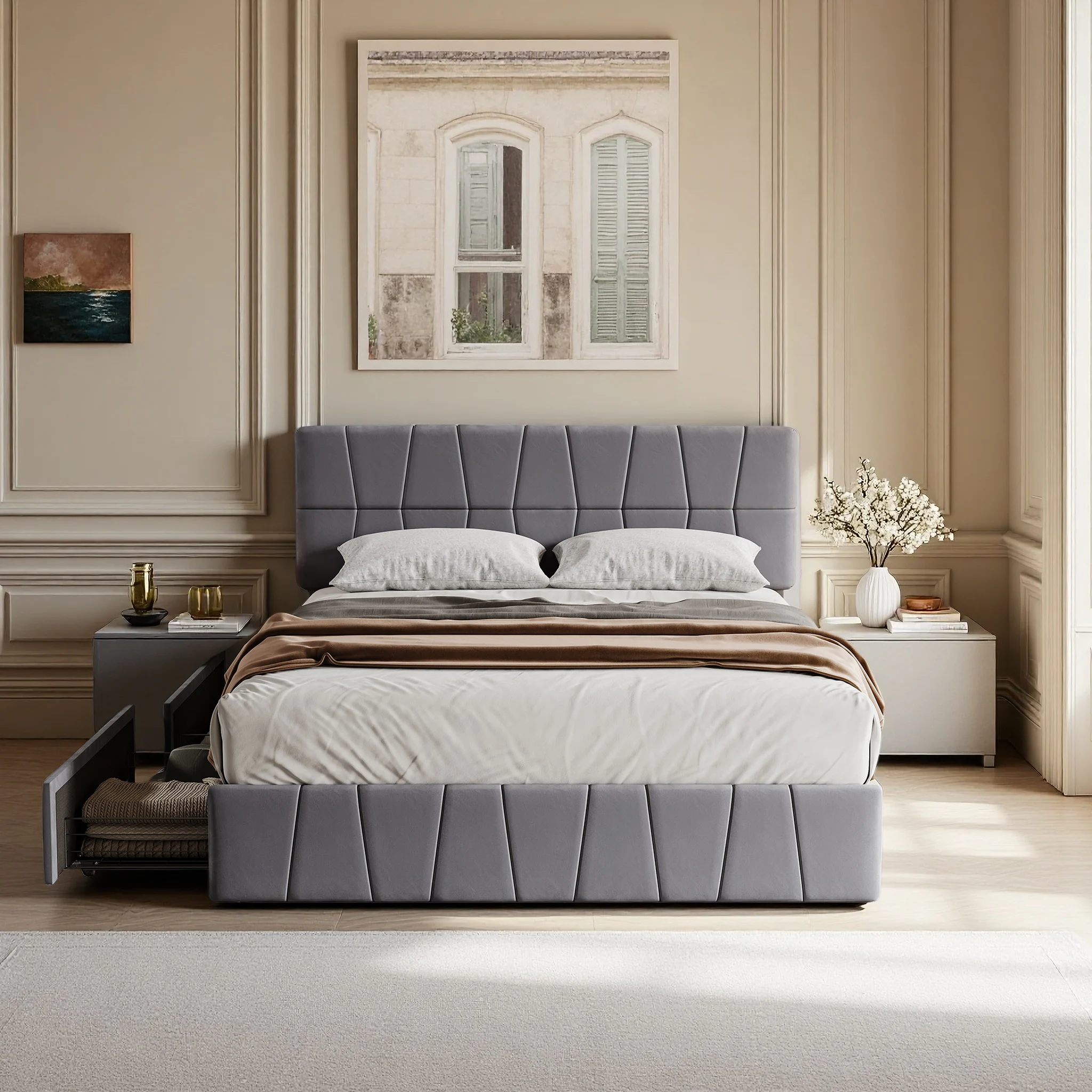 Superaly 160x200cm Polsterbett, Doppelbett mit 4 Schubladen, Stauraumbett mit Kopfteil, Samt, Grau Image