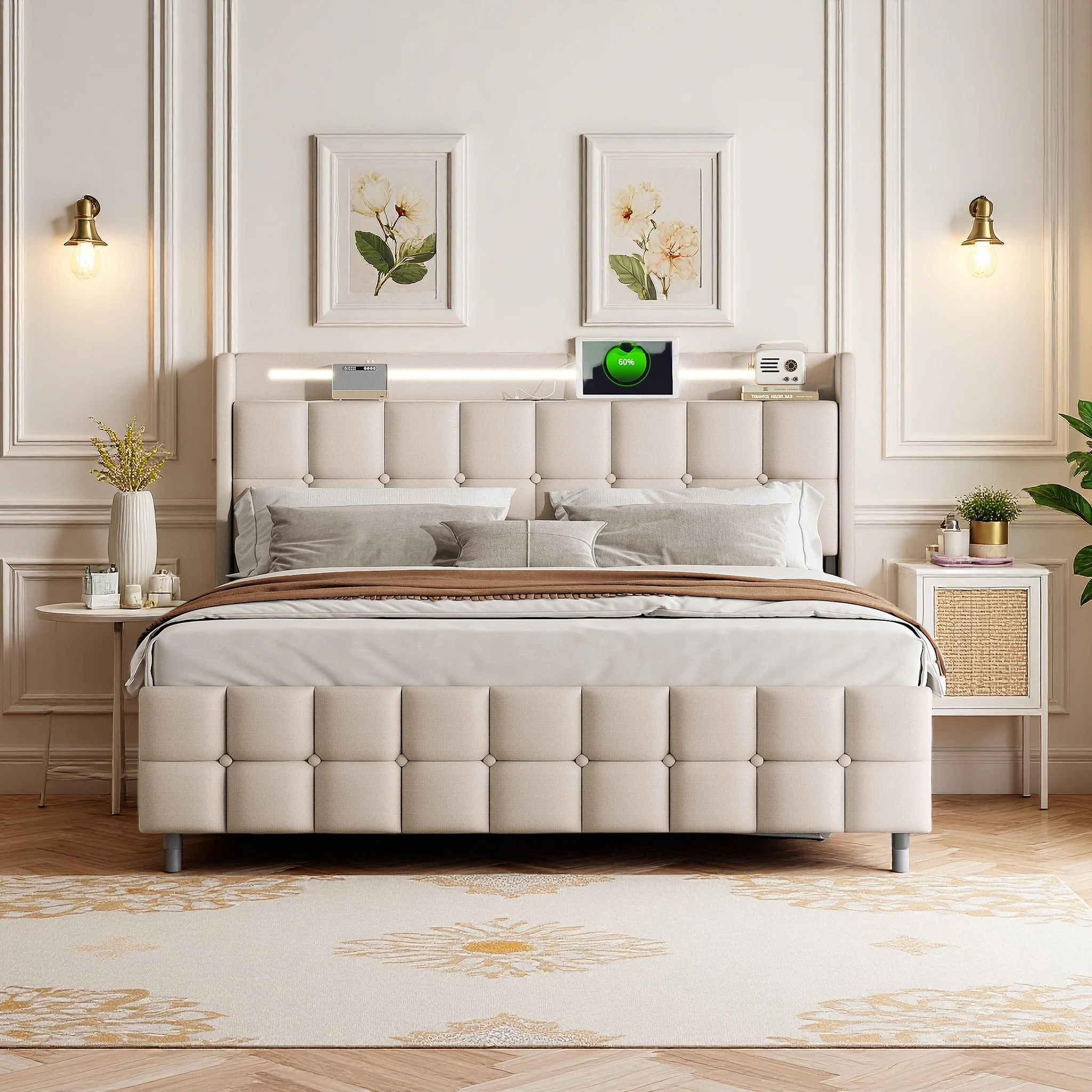 Doppelbett mit Polsterung, 160 x 200 cm, Stauraumbett mit LED-Beleuchtung und USB-Anschluss, 4 Schubladen, Jugendbett, Lattenrost Image