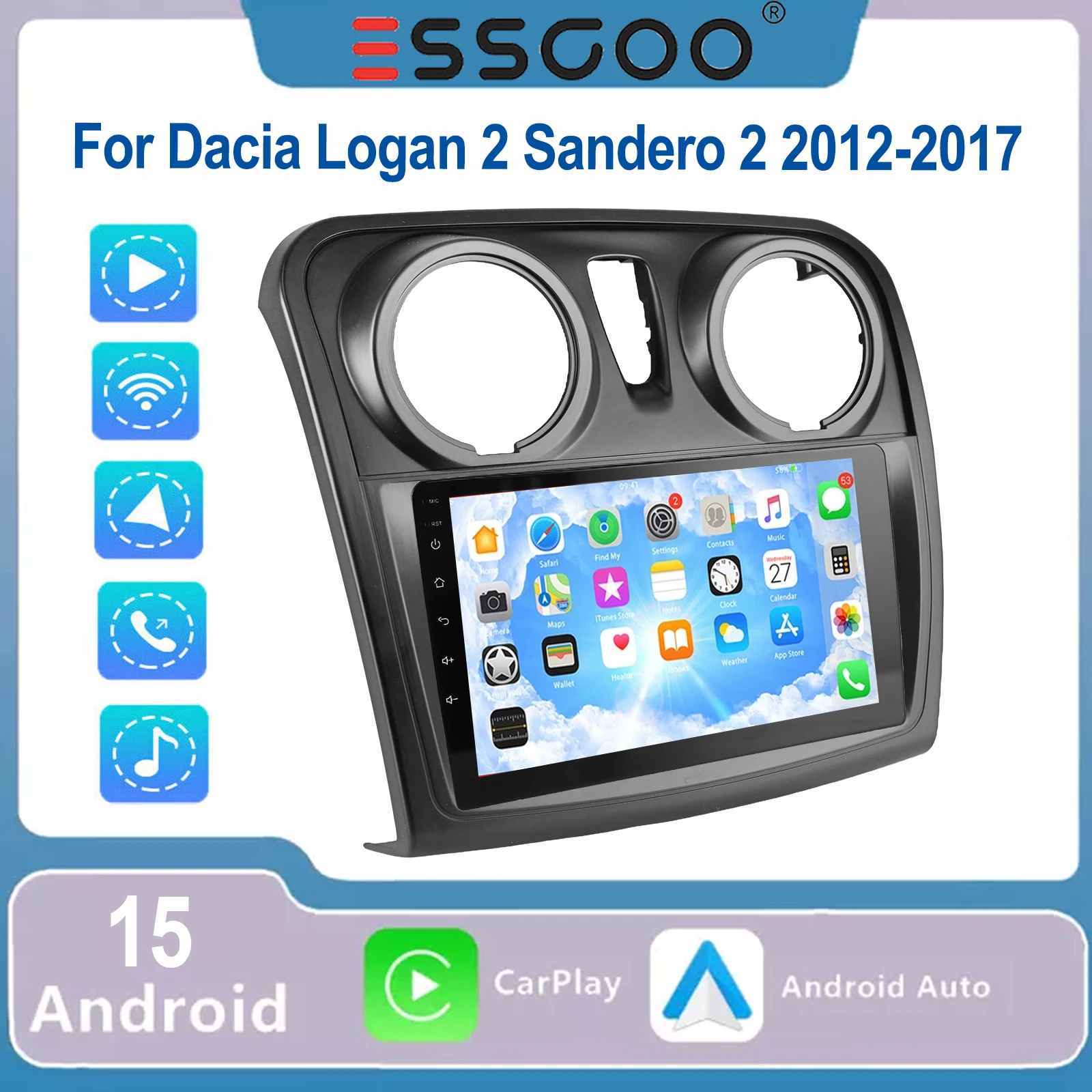 ESSGOO 9 Zoll Touchscreen Für Dacia Logan 2 Sandero 2 2012-2017 Android 15 Autoradio Multimedia Player Apple Carplay Android Auto Wireless SWC RDS Mirror Link GPS Navigation Bluetooth ASP Sound Image