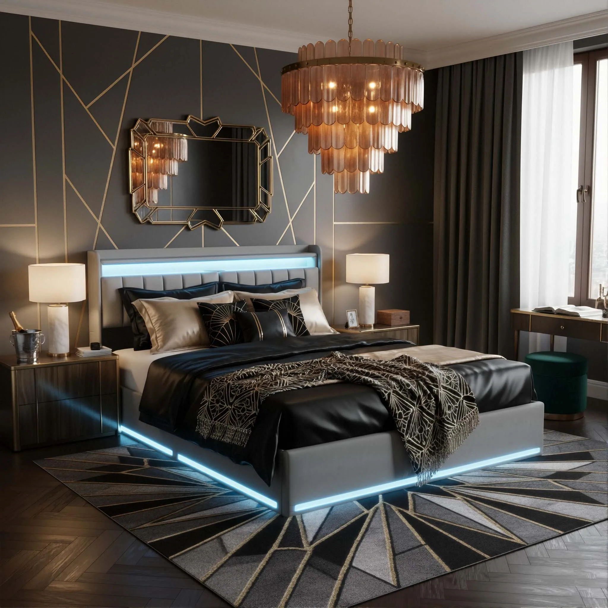 Kofferraumbett 140x200 hydraulisch cm mit LED RGB, Stauraum-Kopfteil und USB/Typ-C-Anschlüssen, samtgepolsterter Bettrahmen Image