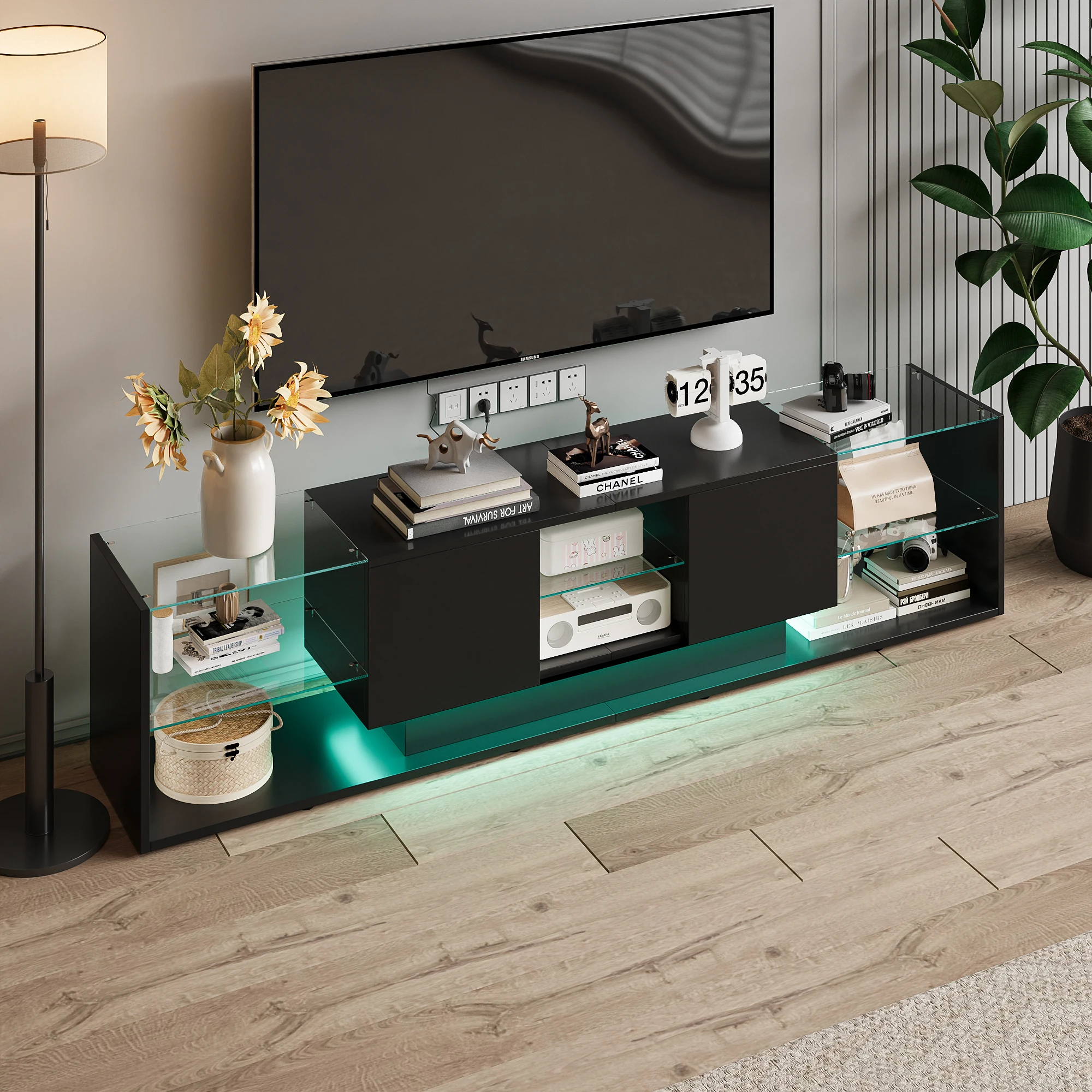 Comanlai 200 cm schwebender moderner TV-Ständer mit LED-Licht, Regalen aus Hochglanzglas, 2 Schubladen, Medienkonsole für Wohnzimmer