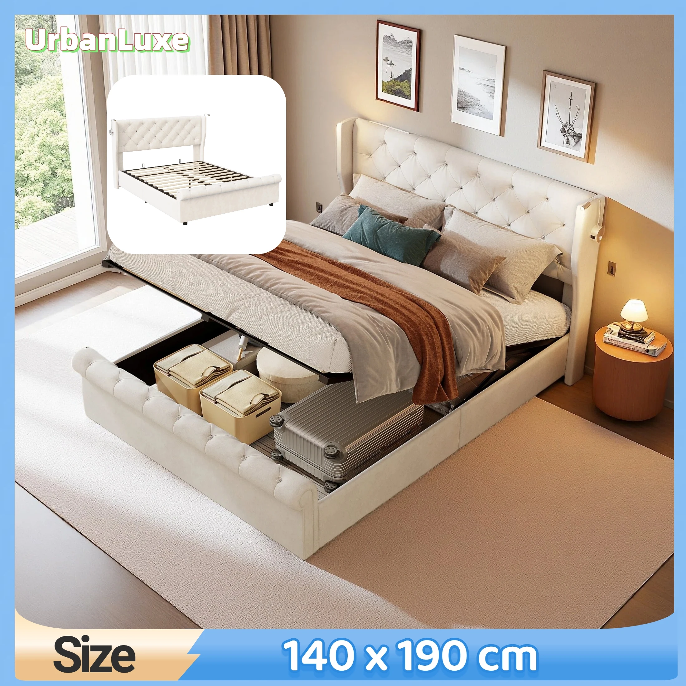 Boxspringbett, 140 x 190 cm, mit Tischlampe und USB-Ladeanschluss, Bettgestell, Samt, beige, Matratze nicht enthalten Image
