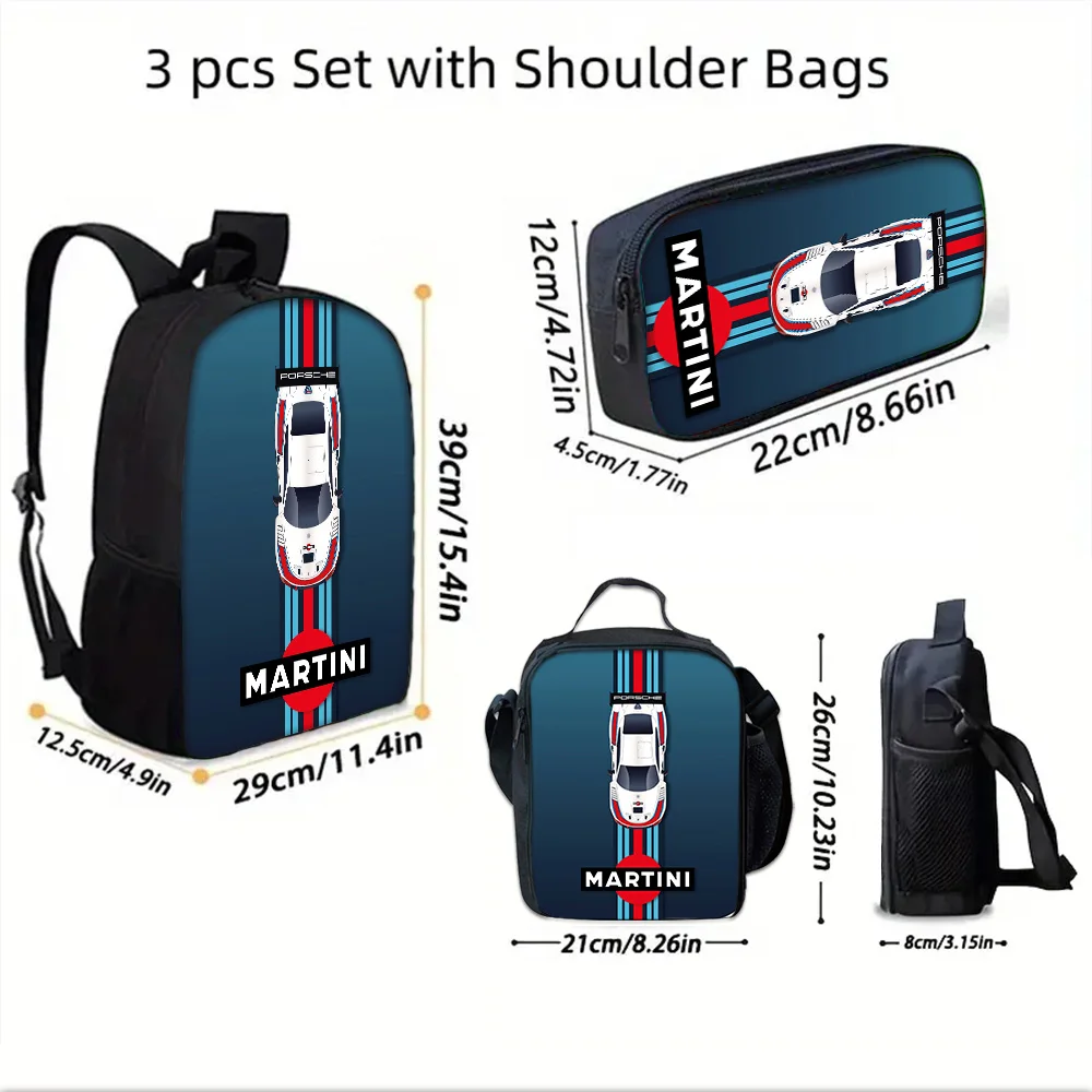 Sac à dos d'école pour enfants Racing M-MartiniS S-StripeS avec sacs à déjeuner, sacs à crayons, sacs d'école pour garçons et filles, meilleur cadeau