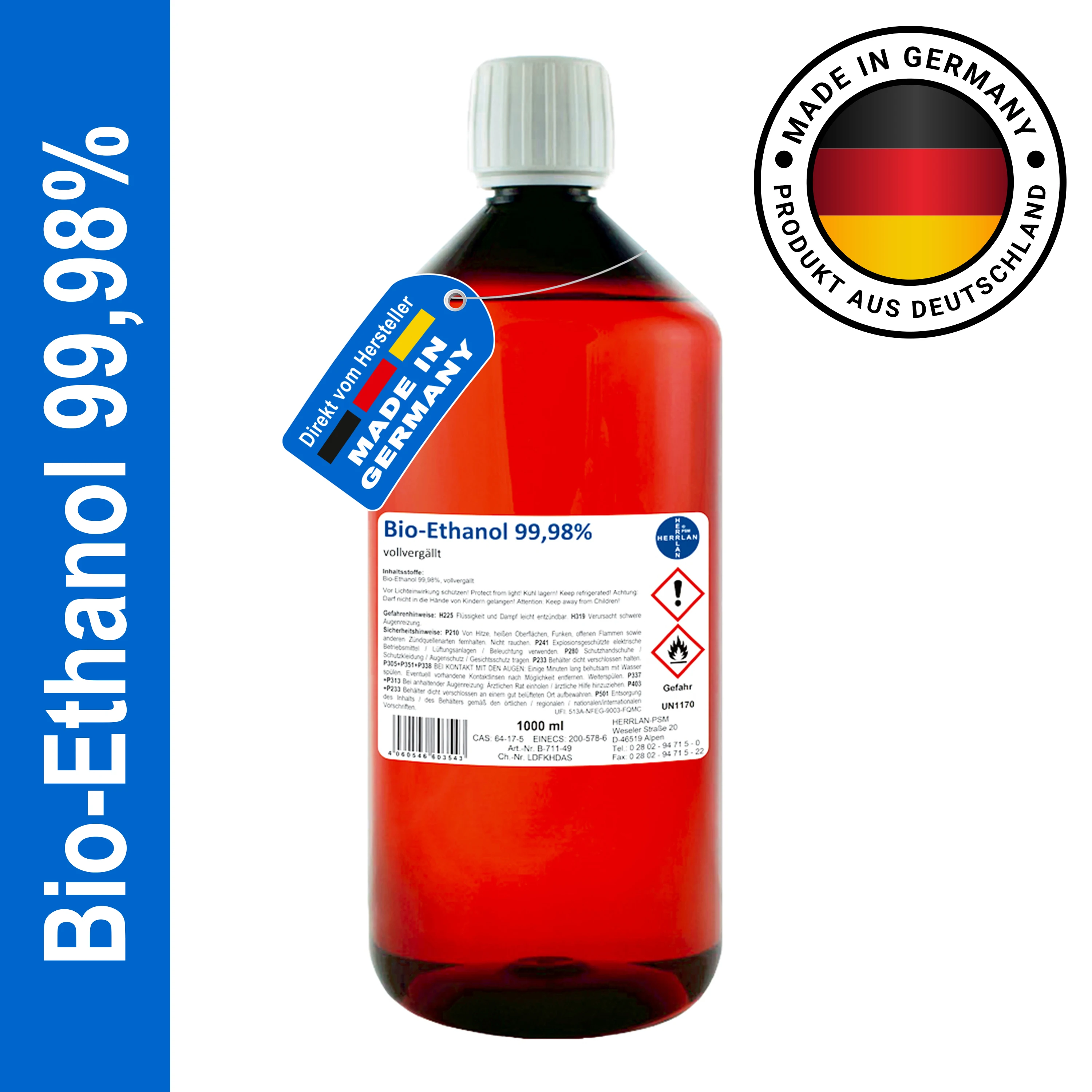 Bio-Ethanol, 99,98% Alkohol-Gehalt, reinst, wasserfrei I HERRLAN-Qualität I Made in Germany Image