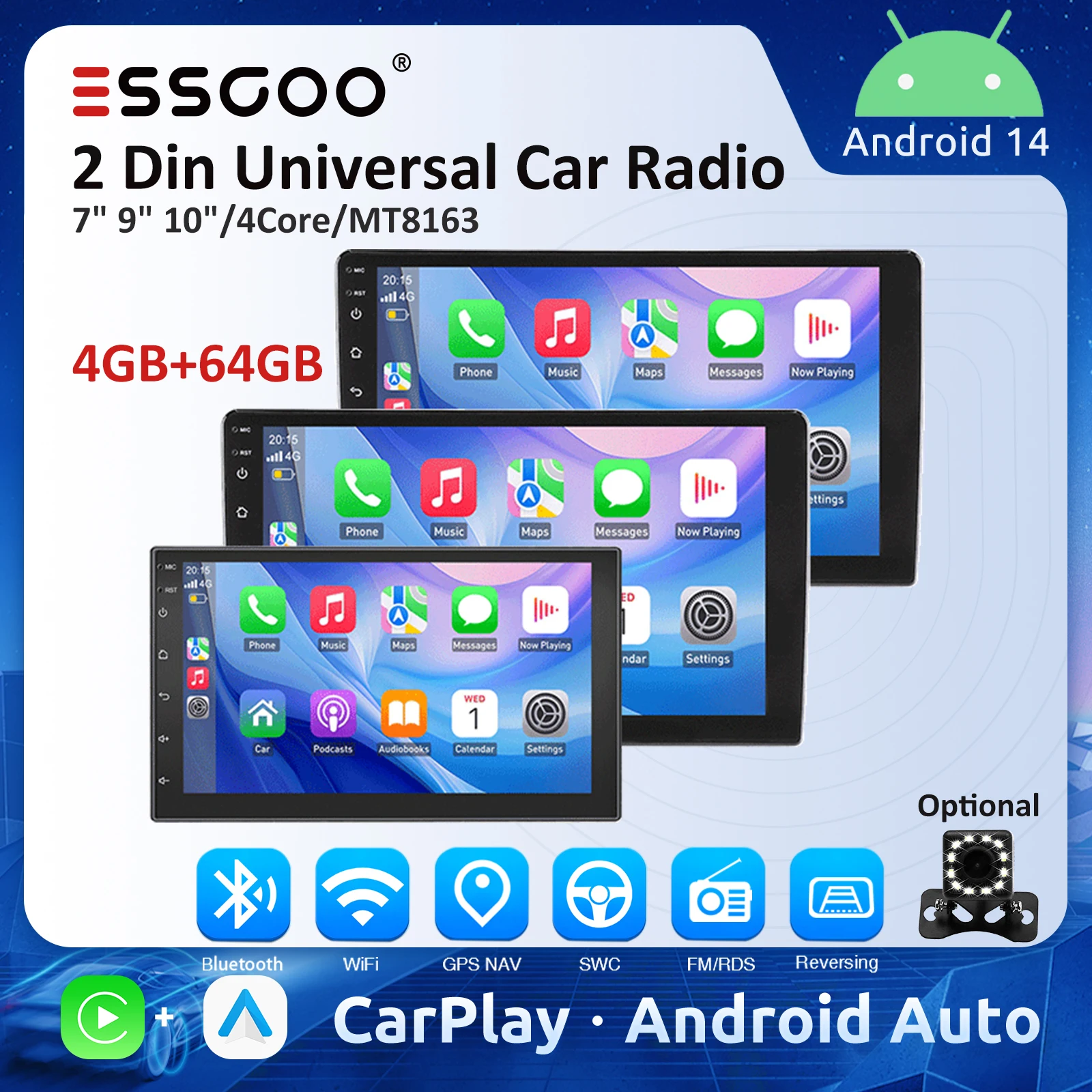 ESSGOO 7 9 10 Zoll Universal CarPlay Android Auto Autoradio für VW Fiat Renault Nissan Hyundai GPS Multimedia Autoradio Stereo Image
