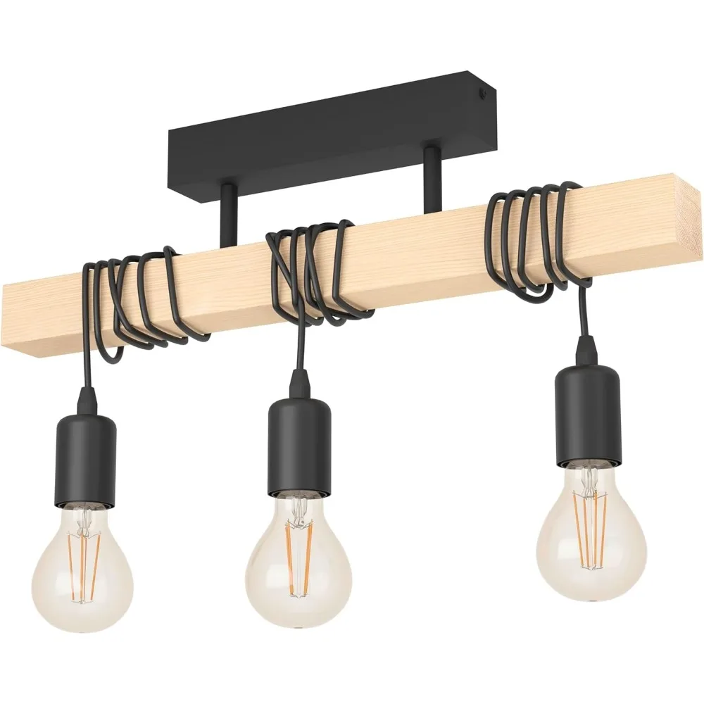 3-flammige Vintage-Pendelleuchte im industriellen Design, Retro-Deckenleuchte mit schwarzem Stahl und Holz, E27-Fassung für Wohnzimmer