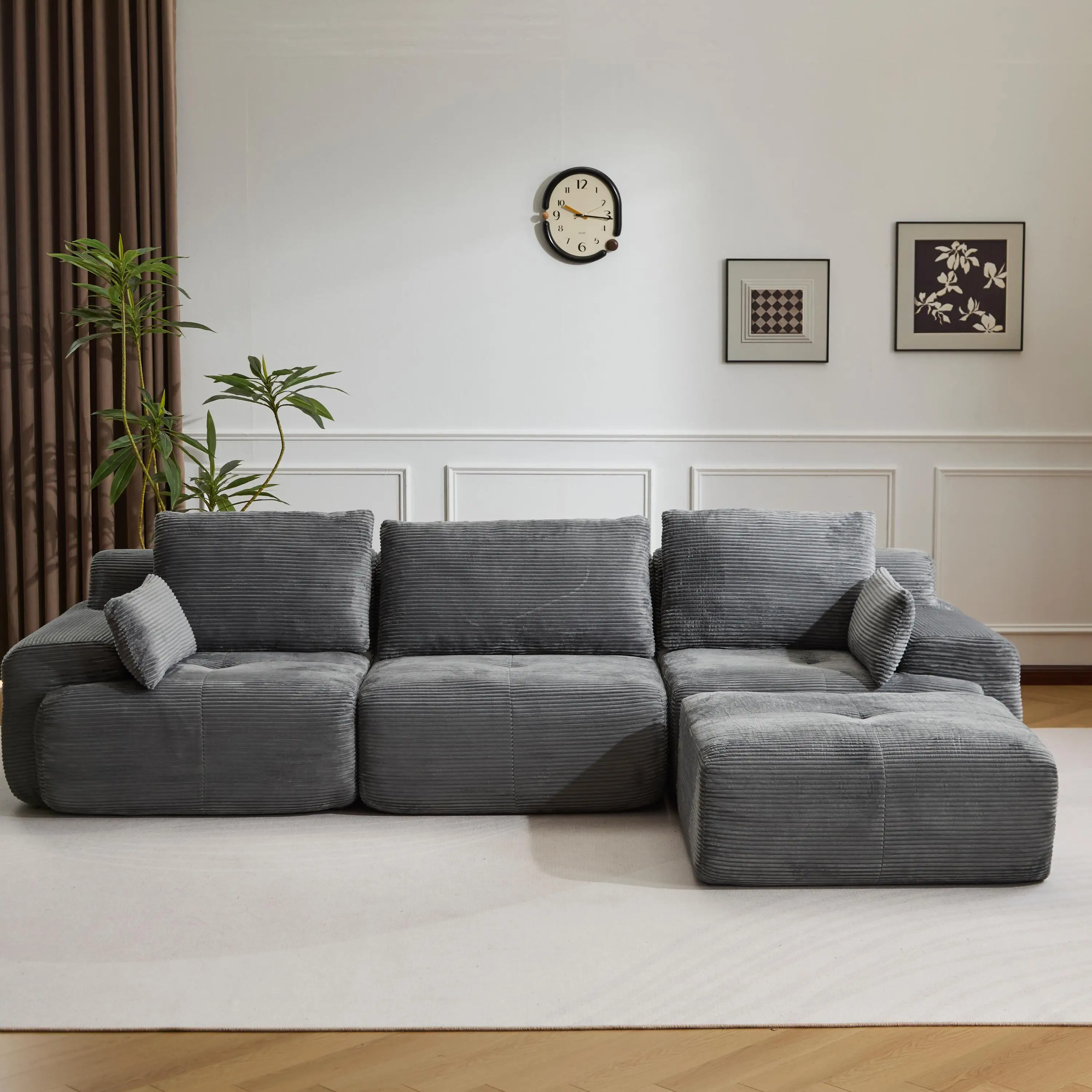 Graues L-förmiges Cord-Sofa, Cord-Lounger ohne Montagevorgang, 3-Sitzer Modulares Ecksofa mit Kissen, Weiches Loveseat