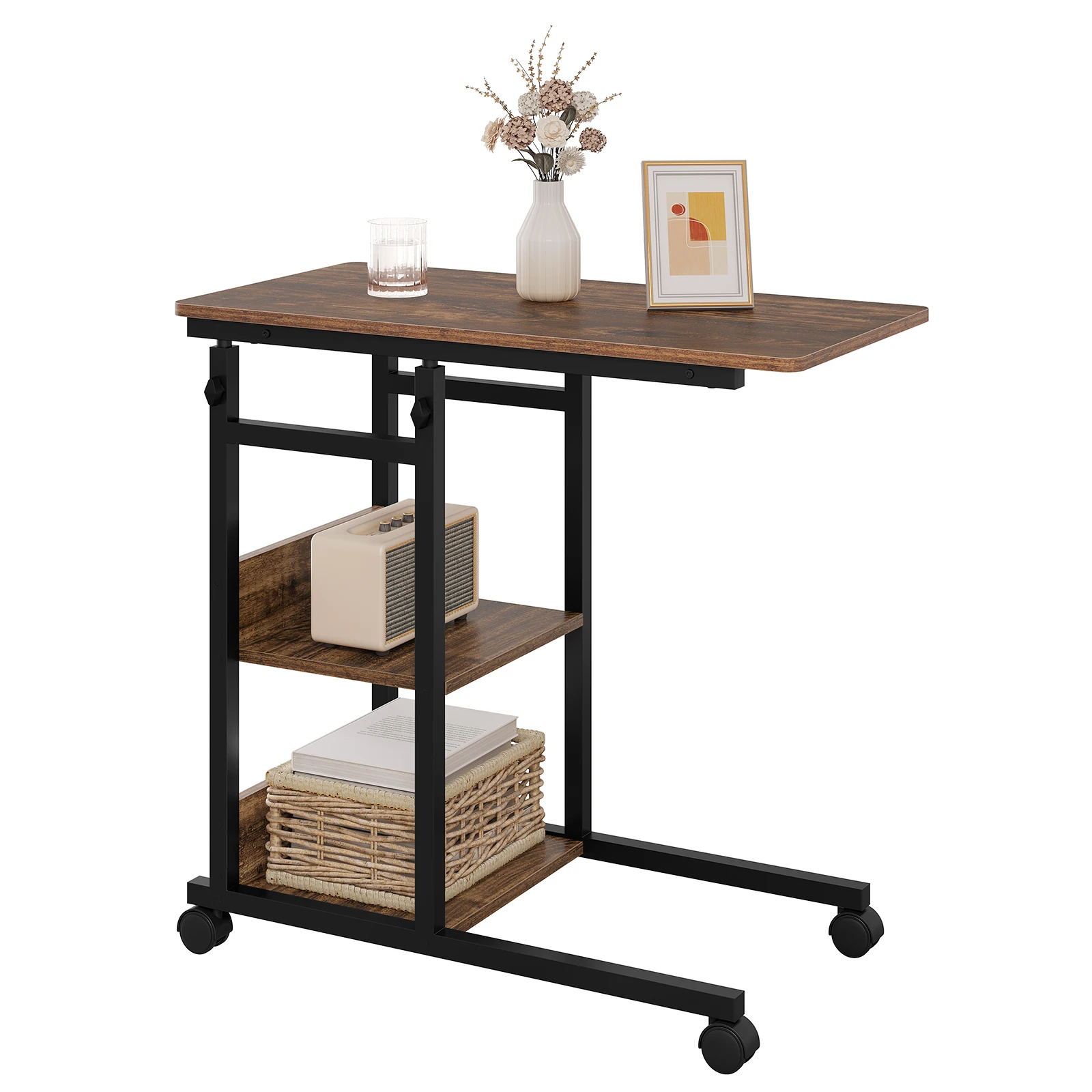 Couchtisch, Beistelltisch, Bett, Sofa, Laptop, Tisch, C-förmig, höhenverstellbar, mit Rollen, Beistelltisch für Wohnzimmer, Schlafzimmer