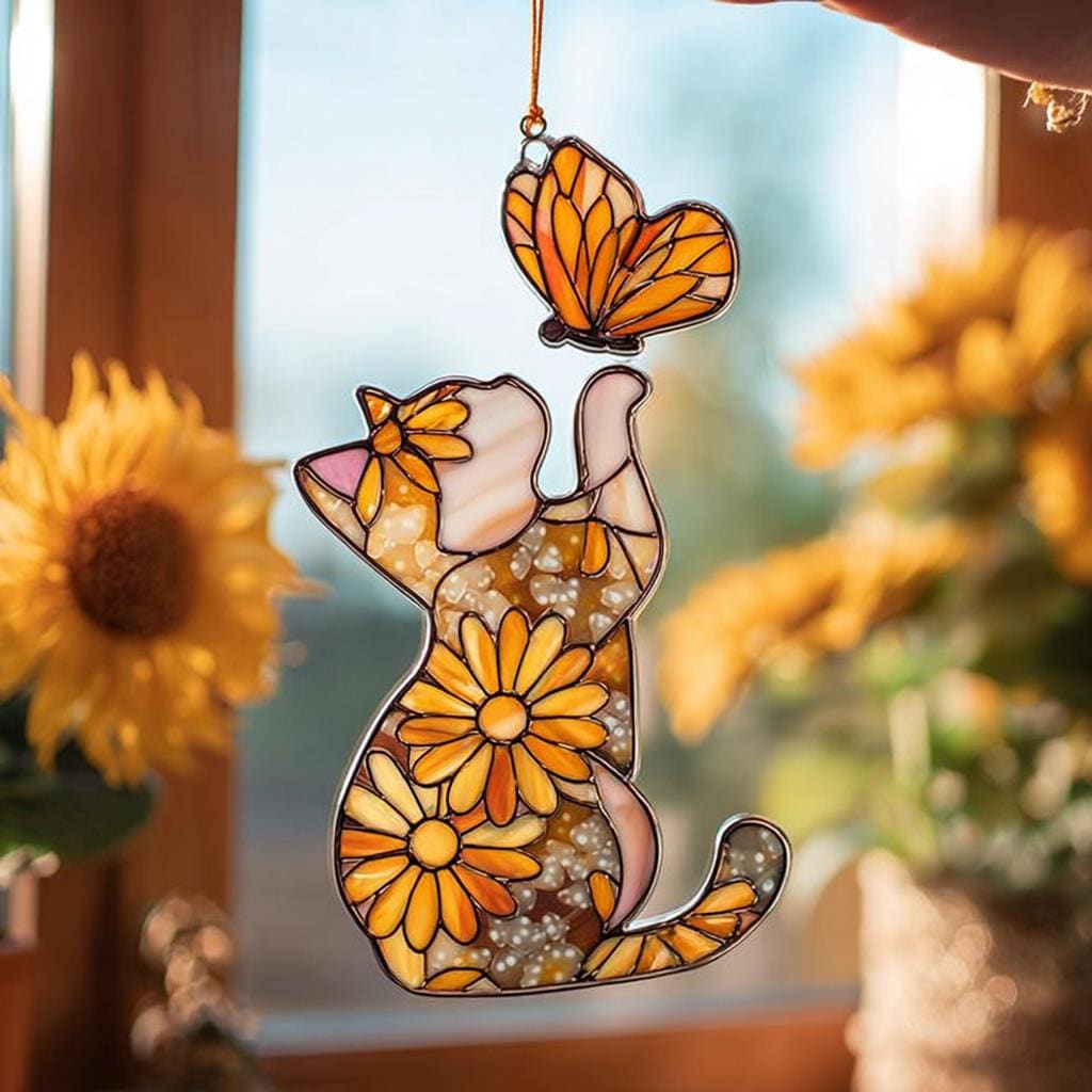 Acchiappasole in acrilico a forma di gatto e girasole, da appendere alla finestra, acchiappasole a forma di farfalla, regalo per amanti dei gatti, reg