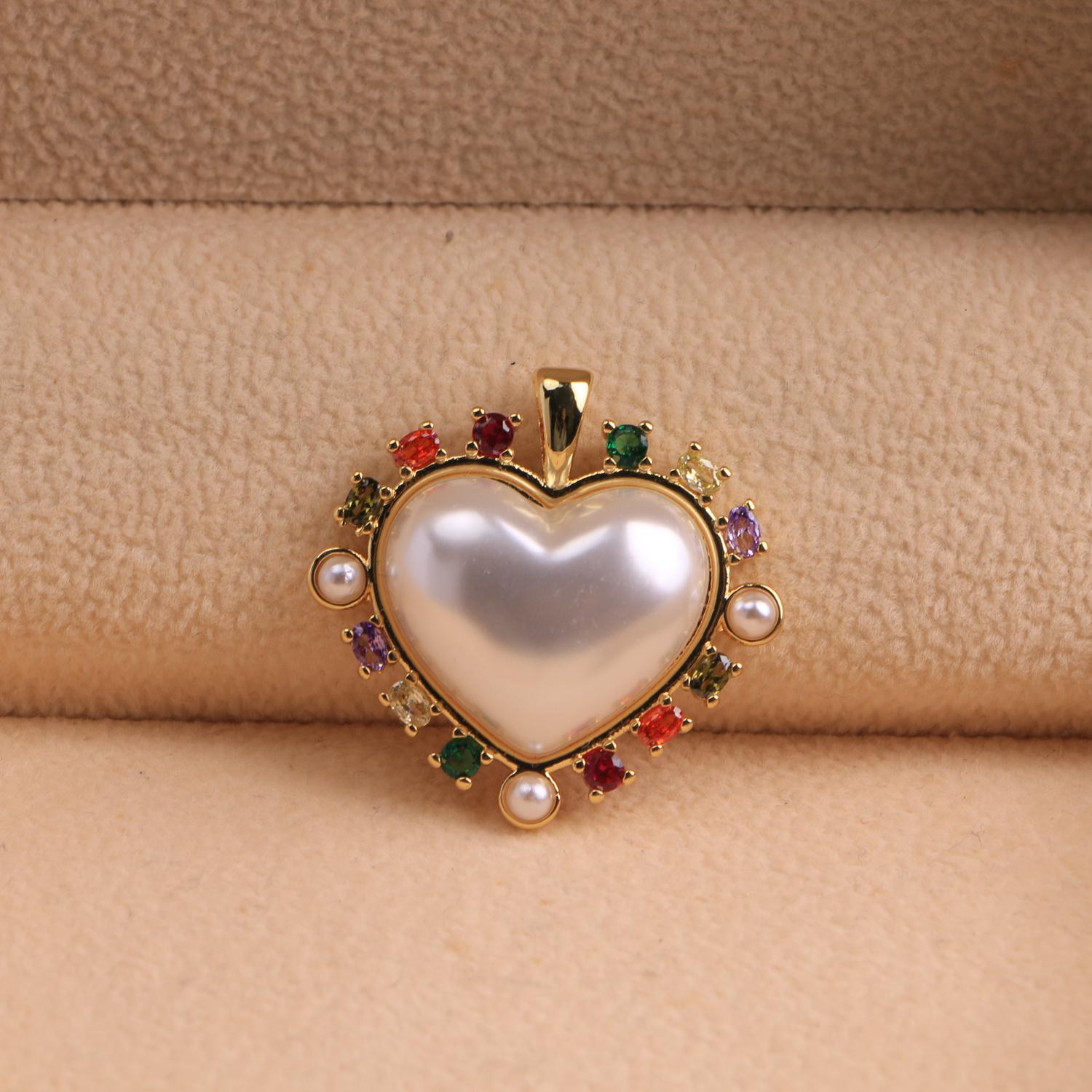 Ciondoli a forma di cuore con zirconi colorati, ciondolo a forma di cuore con perle, ciondolo a forma di cuore, oro 18 carati, accessori per la realiz