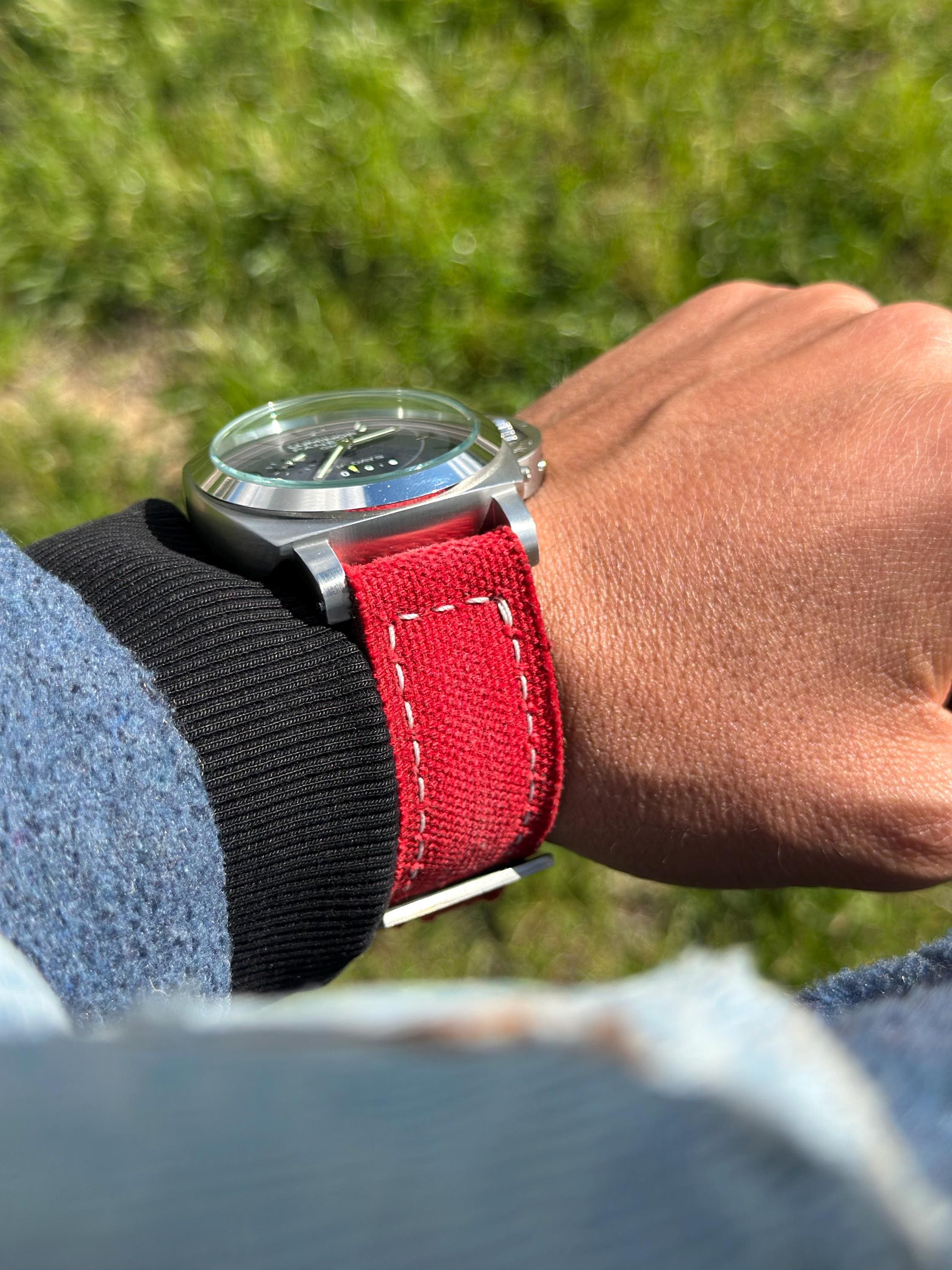 Cinturino per orologio in tela rossa / Cinturino per orologio in vera pelle, foderato, cucito a mano, stile invecchiato