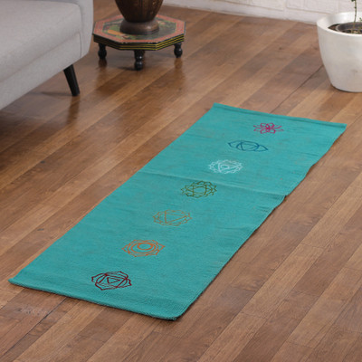 'Chakra-Themed Embroidered Cotton Yoga Mat in Turquoise (2x6)'