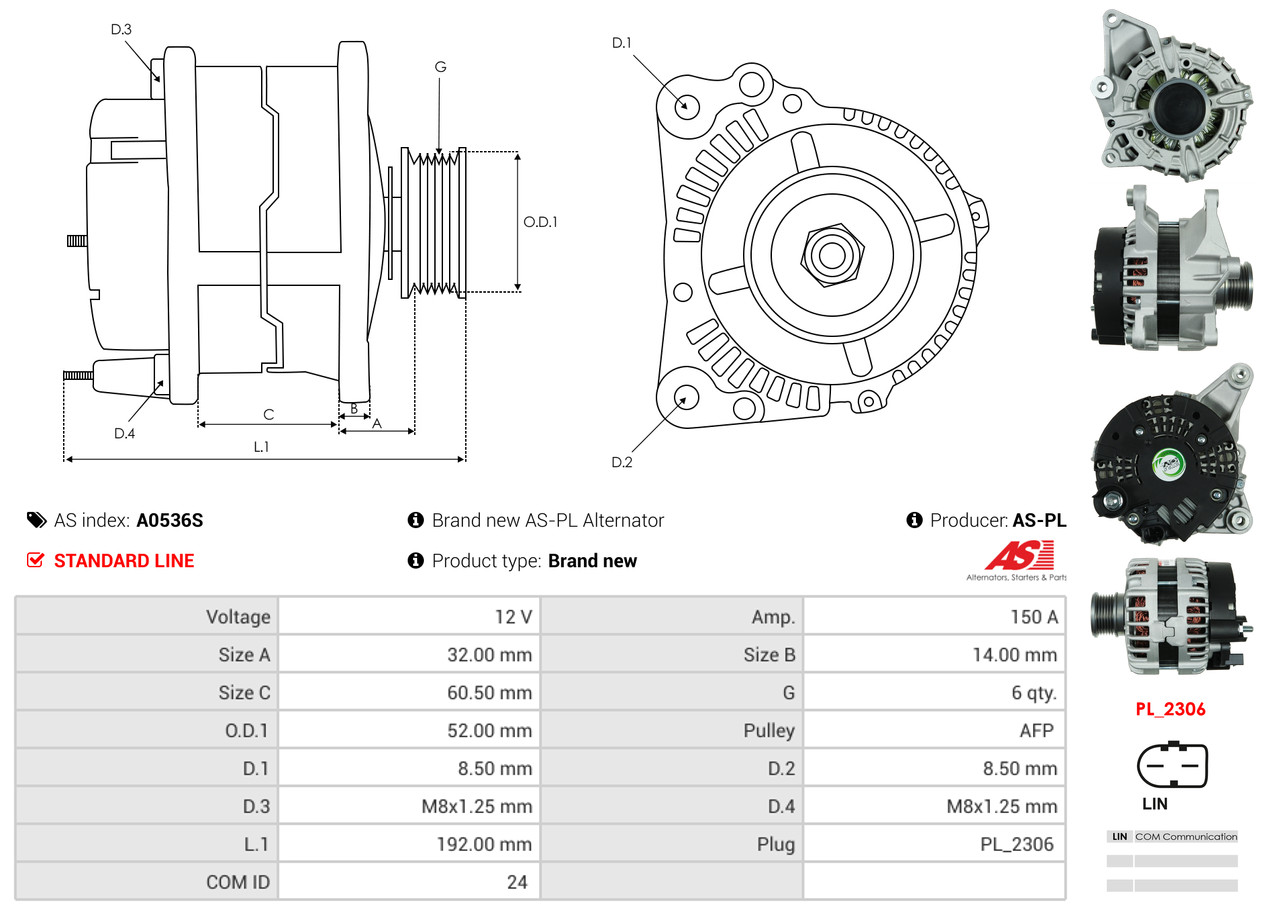 AS-PL Generator A0536S 12V 150A für MERCEDES-BENZ NISSAN 0009065501 A0009065501 A0009062003 Image