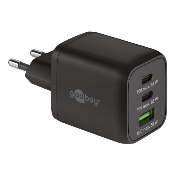 goobay Multiport-Schnellladegerät Nano GaN 2x USB-C (PD) / 1x USB-A (QC) 65 W schwarz schwarz, 4.05x3.8x8.45 cm
