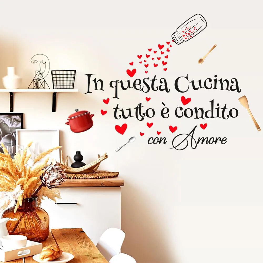 Autocollants muraux italiens dans cette cuisine, tout amour, cuisine, restaurant, cuisine, famille, citation d'amour, sparadrap muraux, décoration de maison
