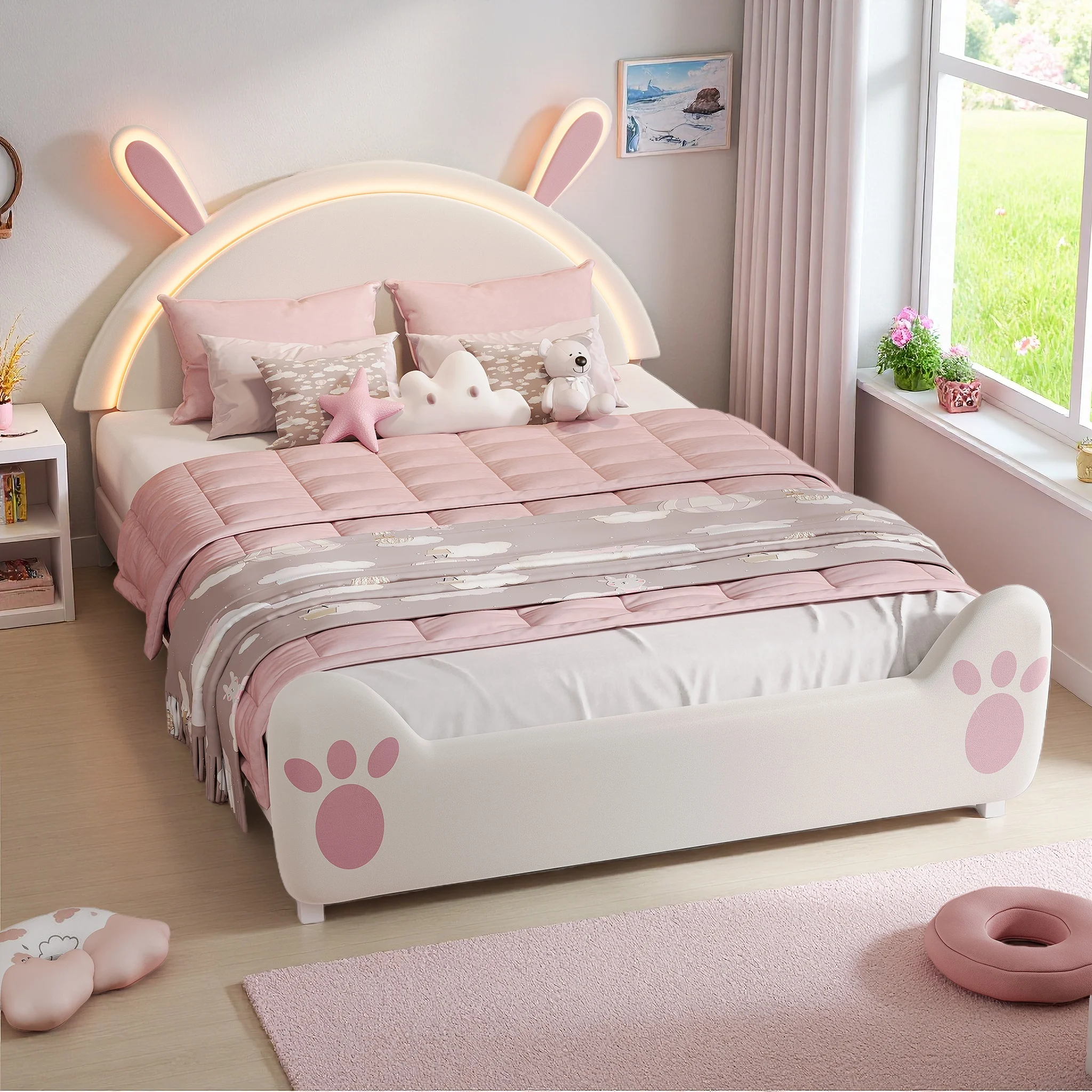 Rosahqnda Kinderbett mit LED-Beleuchtung, 90/140 x 200 cm, Hasenförmiges Kopfteil, für Mädchenzimmer, Bettgestell, Samt, Rosa Image