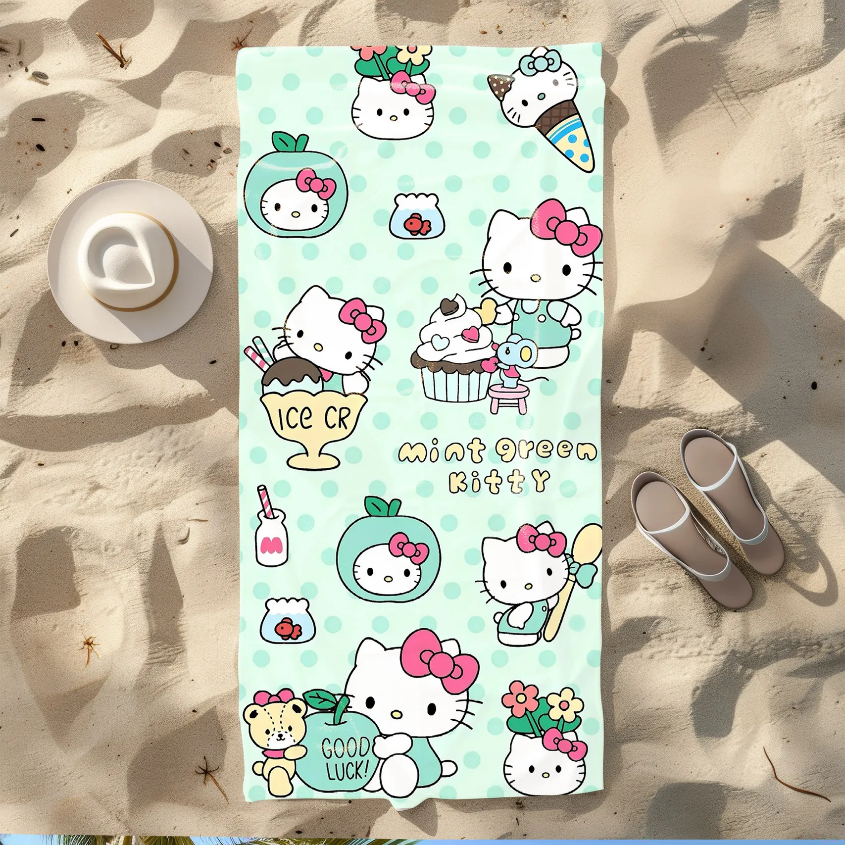 Hello Kitty Mint Green Strandtuch aus Super-Mikrofaser, weich und saugfähig, niedliche Größe 70 x 140 cm, geeignet für den Strand oder den Außenbereich