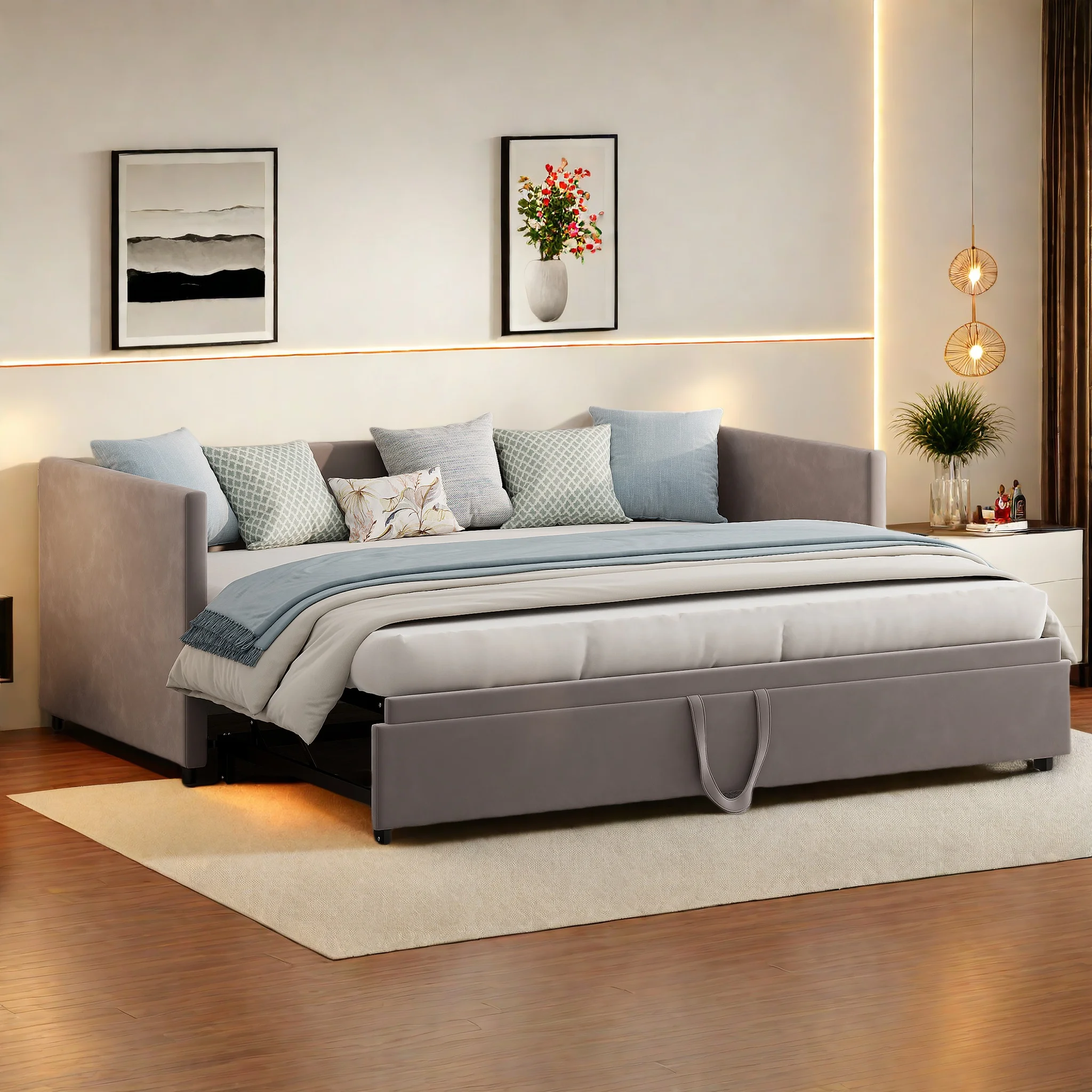 Superaly Ausziehbares Schlafsofa mit Lattenrost, Multifunktionsbett, Polsterbett, Samtstoff, Grau, 90/180x200cm