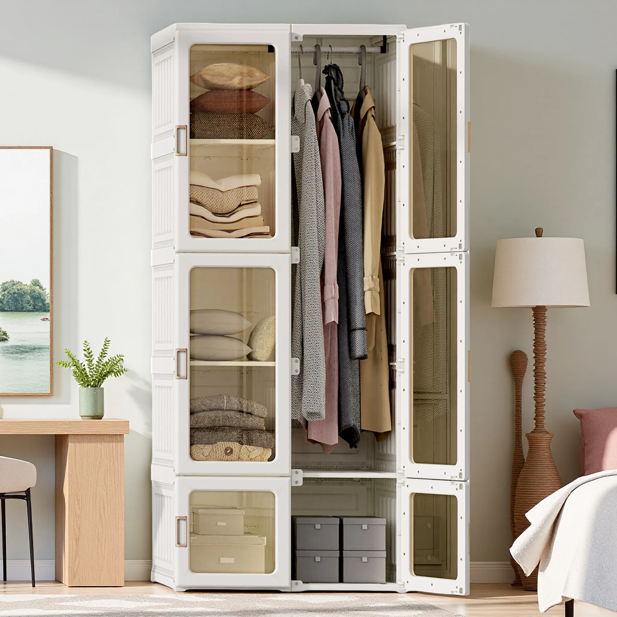 Comanlai Faltbarer Kleiderschrank mit Kleiderstange und Fächern, Transparenten Türen, Aufbewahrungsschrank für Schlafzimmer und Wohnzimmer