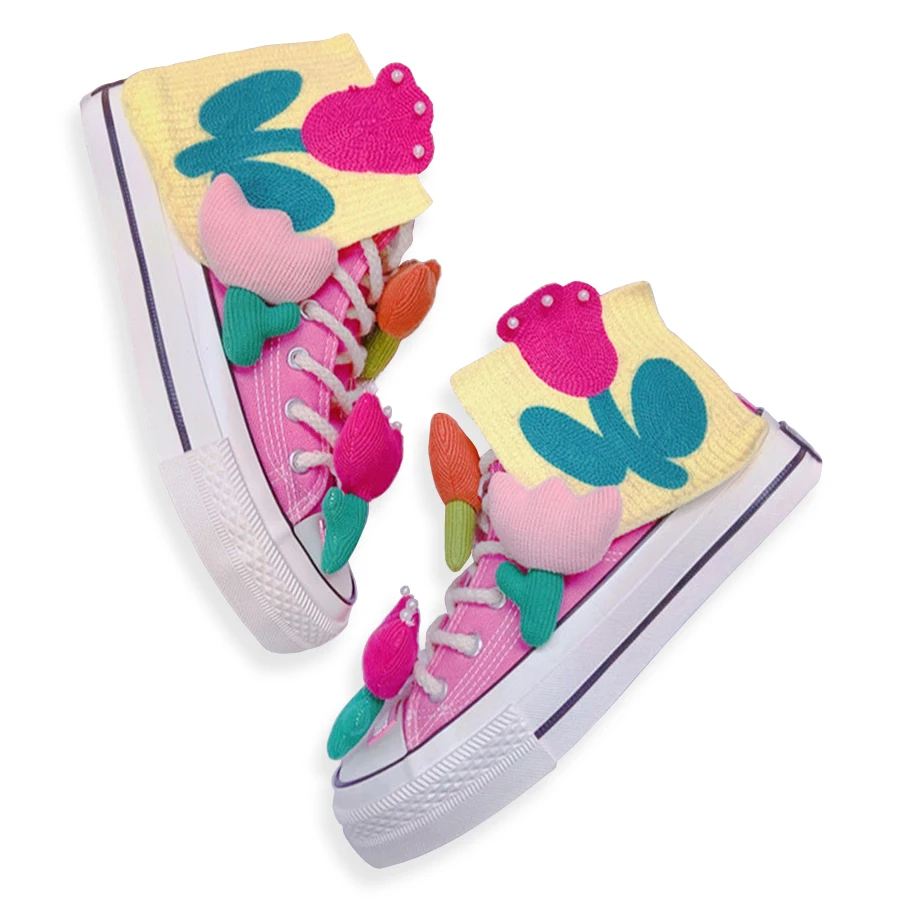 Frauen Schuhe benutzer definierte Design für Dame Party Leinwand handgemachte Blume niedlichen rosa Perlen Turnschuhe Erwachsenen Schuhe