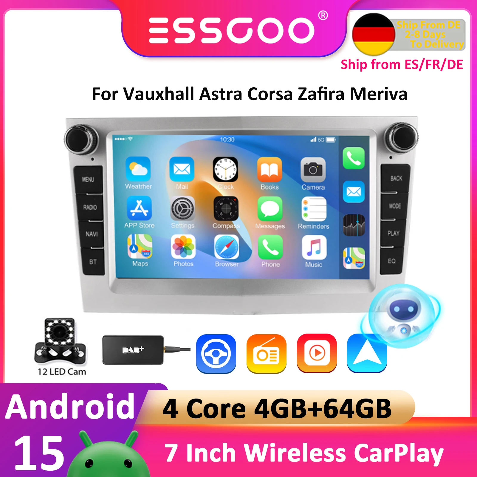 ESSGOO 2 Din 7 Zoll Android 15 Autoradio CarPlay für Opel Astra H G J Zafira B Corsa C D Antara Vectra Vivaro GPS Autoradio ﻿ Image