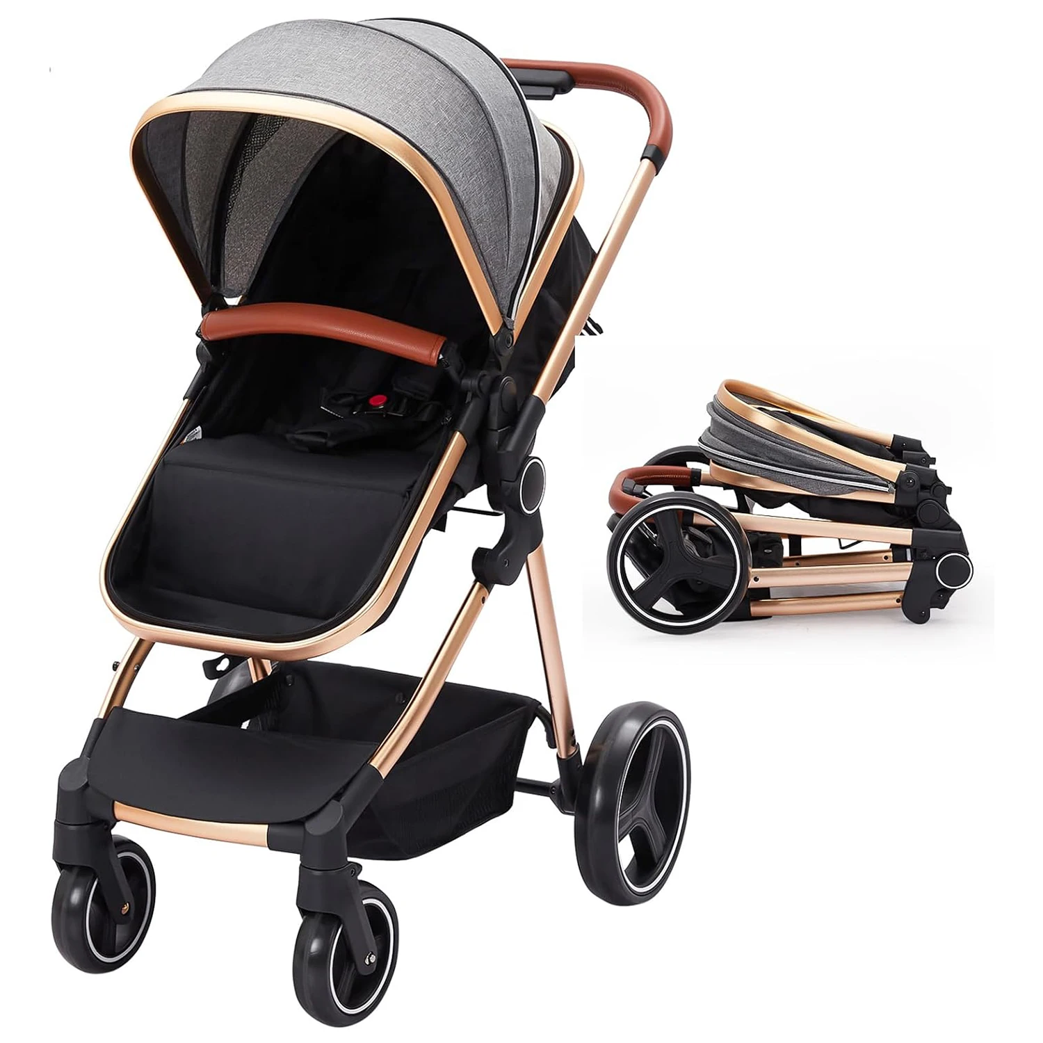 Kinderwagen, 3-in-1-Kinderwagen mit Aluminiumrahmen, hohe Landschaft, faltbar, mit 5-Punkt-Sicherheitsgurt-Kombination, Kinderwagen für 0–36 Monate Image
