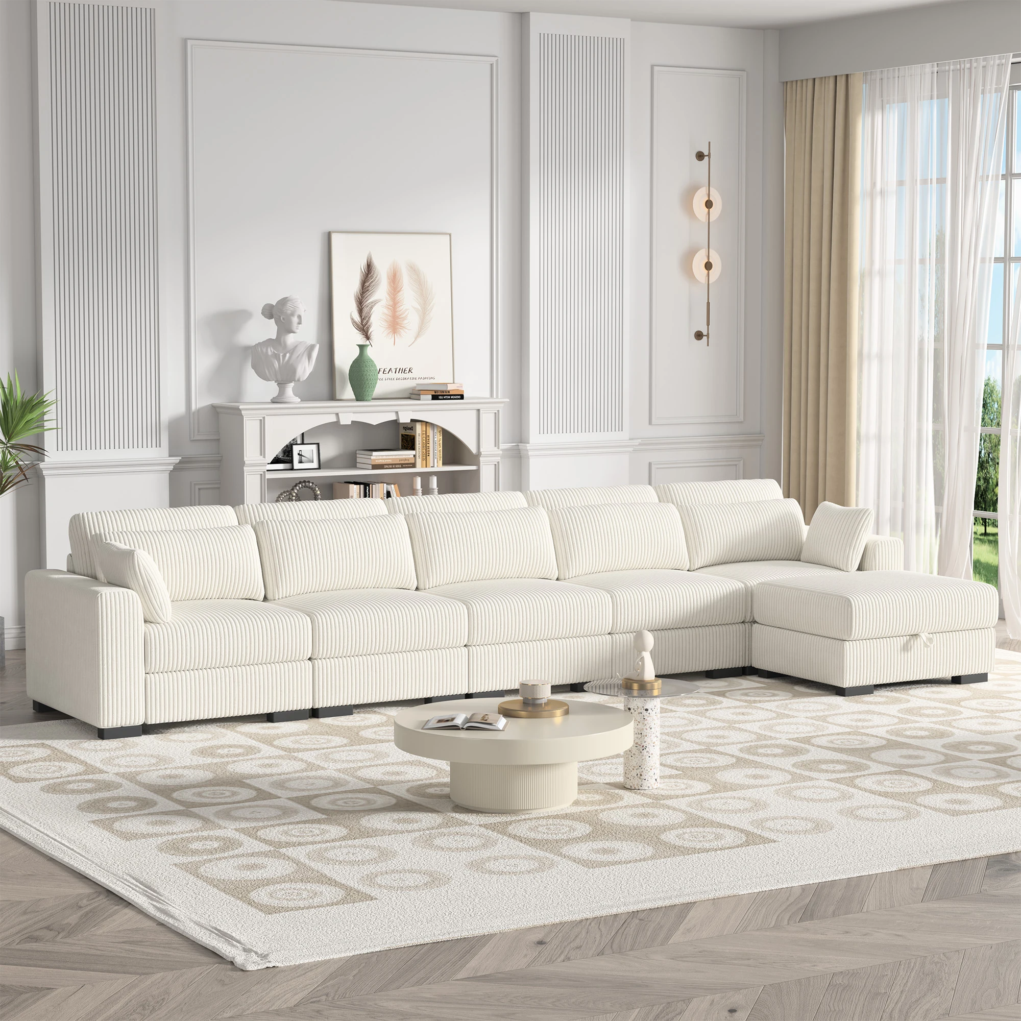 5-Sitzer-Modulsofa aus Cord mit Stauraum im Fußhocker, modernes Ecksofa mit gepolsterten Armlehnen und Rückenlehne für Wohnzimmer, Schlafzimmer, Büro Image