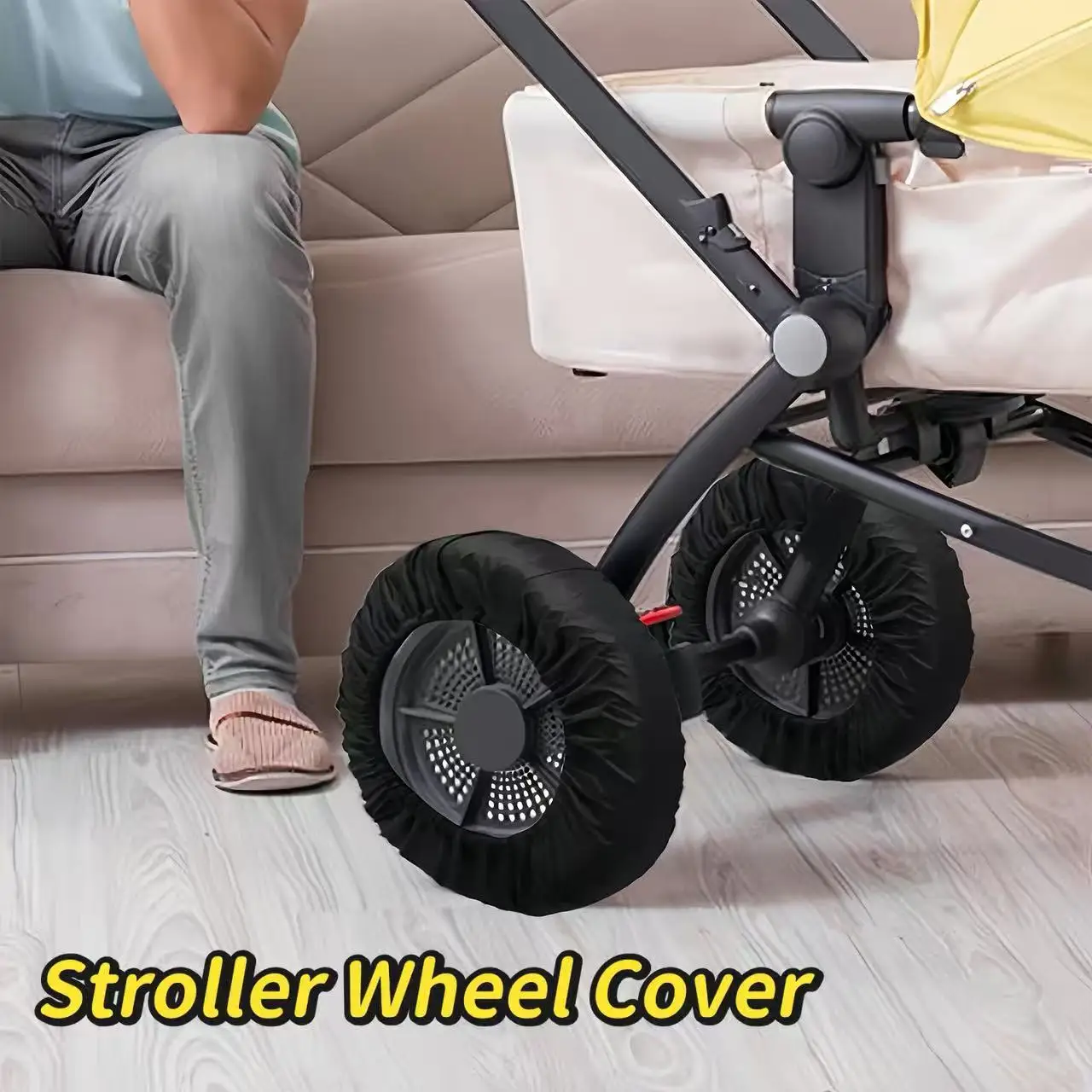 4-teiliges Set, Kinderwagen-Radabdeckungen, staubdichtes und leicht zu reinigendes Polyesterfasermaterial, geeignet für Hauseingänge, um zu verhindern, dass die Innenböden verschmutzen Image