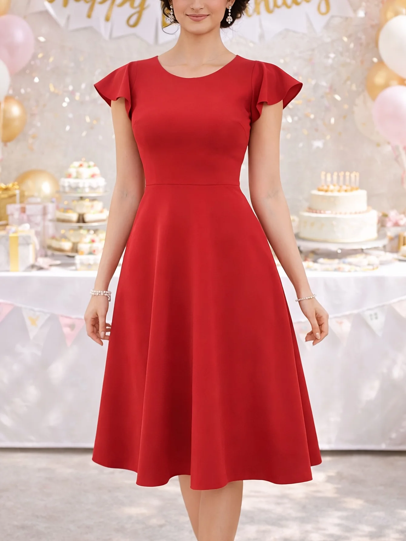 Elegantes Damenkleid im Stil der 1950er Jahre, rot, Vintage, Büro, A-Linie, Rockabilly, Rüschenärmel, lässig, schmal geschnitten, und im Swing-Stil.