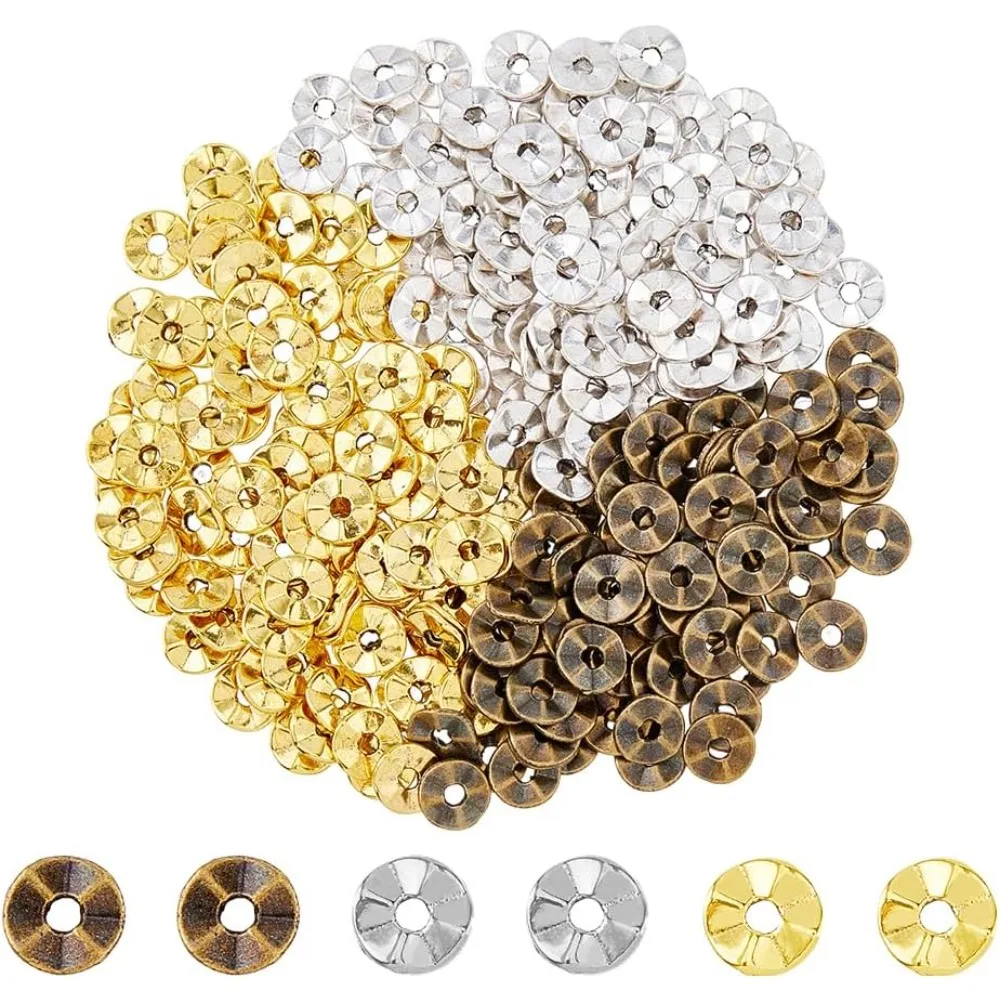 300 Stück, 3 Farben, Metallscheibenperlen, Legierung, flach, rund, Abstandsperlen, 7 mm Stil, gewellt, Heishi-Abstandsperlen, lose Perlen für Schmuck Image