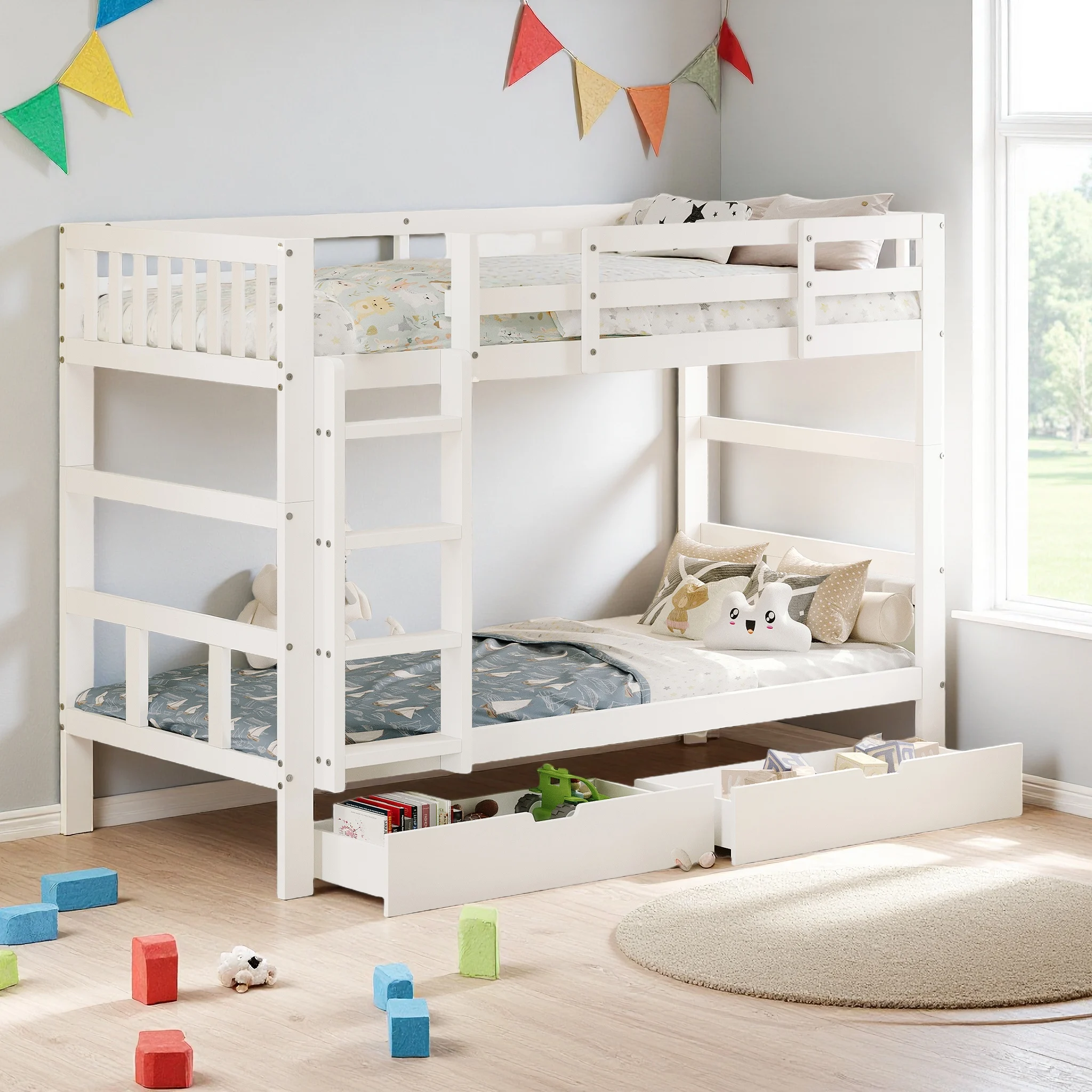Comanlai Kinder-Etagenbett 90x200cm, Kinderdoppelbett mit 2 Schubladen & Treppe & Fallschutz, Trennbar in 2 Einzelbetten, Weiß Image