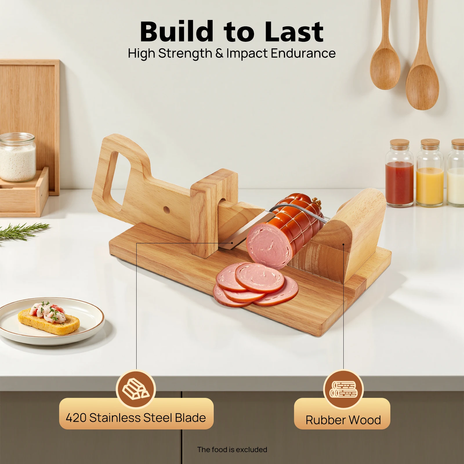 Manueller Wurstschneider, Edelstahl-Gemüse- und Obstschneider mit Holzsockel, 28,5*16,5*10cm Küchen-Lebensmittelschneider für Schinken und Paprika Image