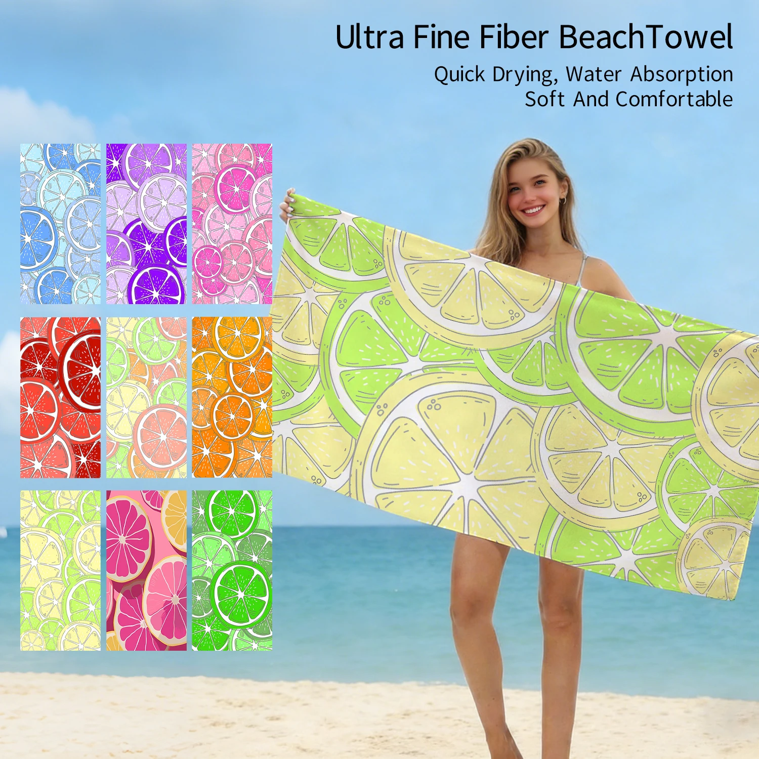 1 Stück personalisiertes Strandtuch mit Zitronenmotiv, schnell trocknendes, saugfähiges Strandtuch aus ultrafeiner Faser, Strandtuch für Camping im Freien, Schwimmen Image