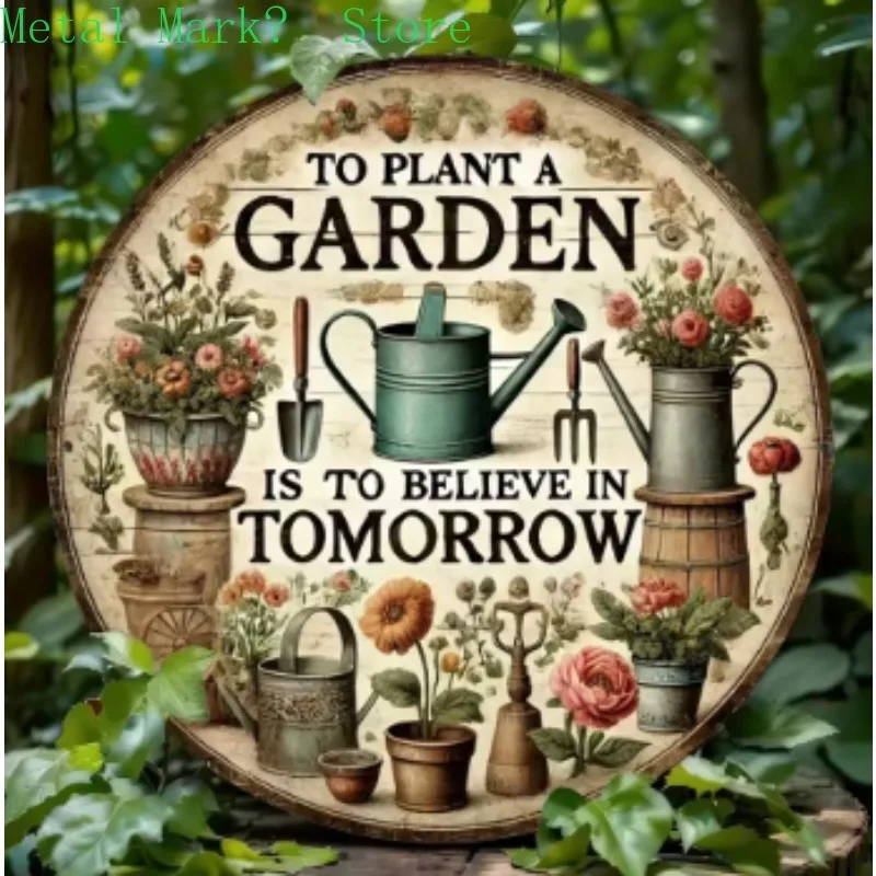 2D Flaches Rundes Metallschild, „Willkommen in meinem Garten“ Rundes Holzschild – Retro-Wandplakette mit Blumenwagen und Gartengeräten für den Garten