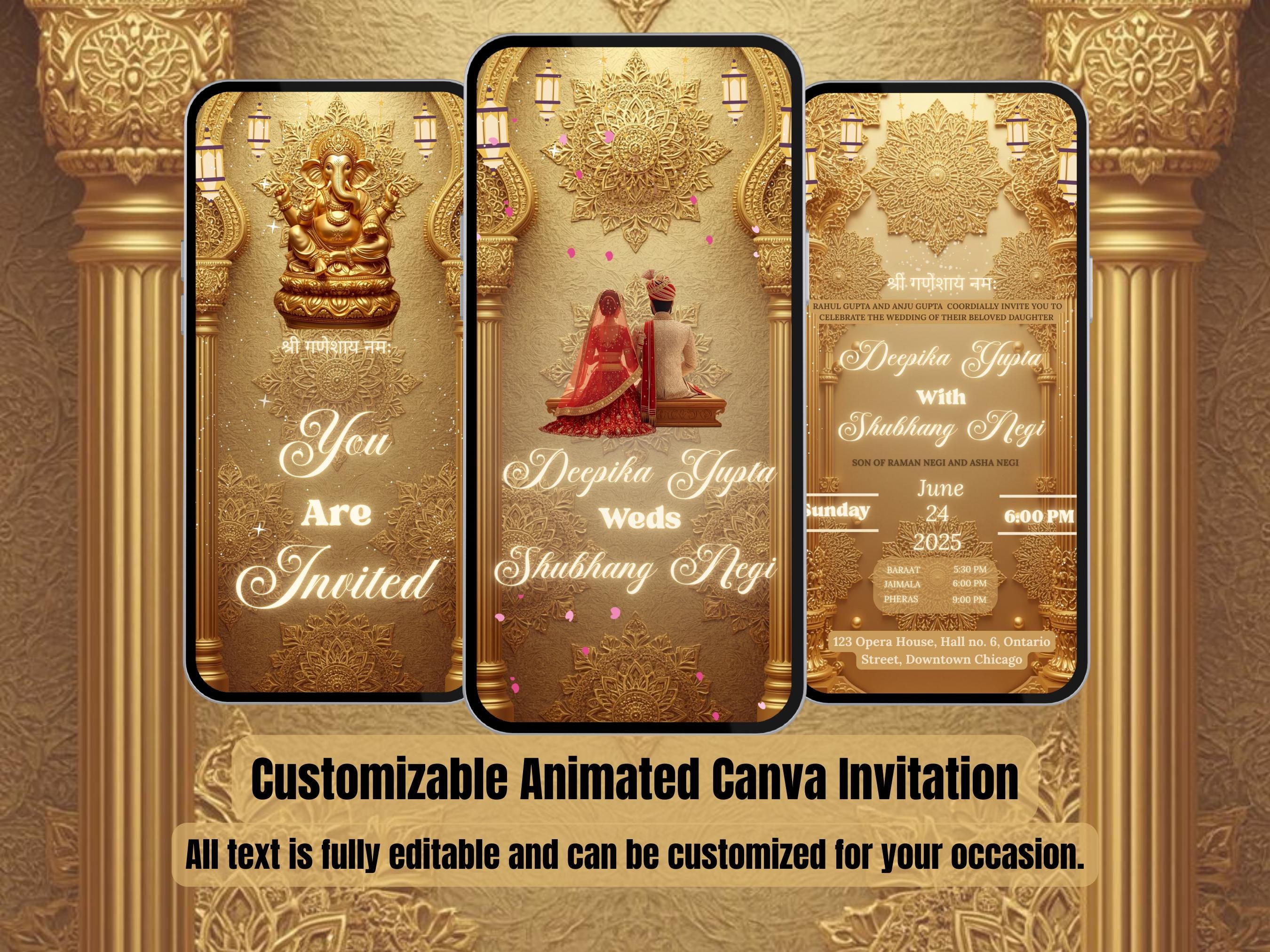 Invito video per matrimonio indù - Biglietto Shaadi animato in oro reale - Invito digitale - Matrimonio, ricevimento, modello Canva RSVP - Matrimonio