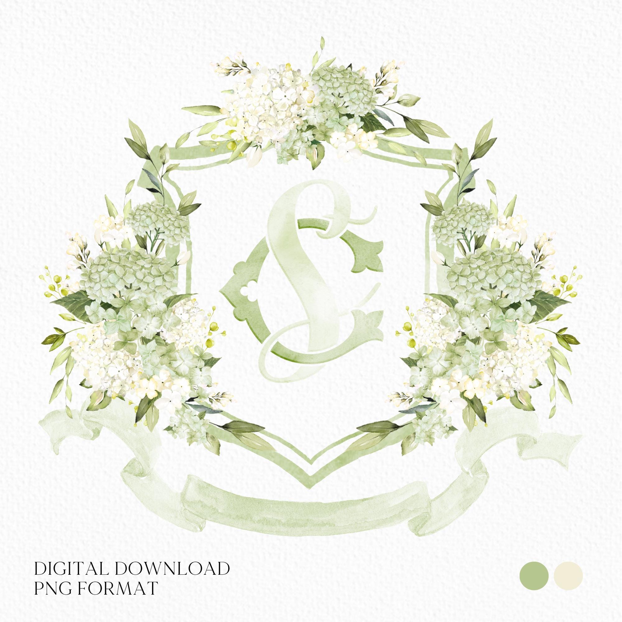 Stemma nuziale con fiori di ortensia bianca e verde - Stemma monogramma - Stemma nuziale con fiori di ortensia e acquerello - Stemma nuziale romantico