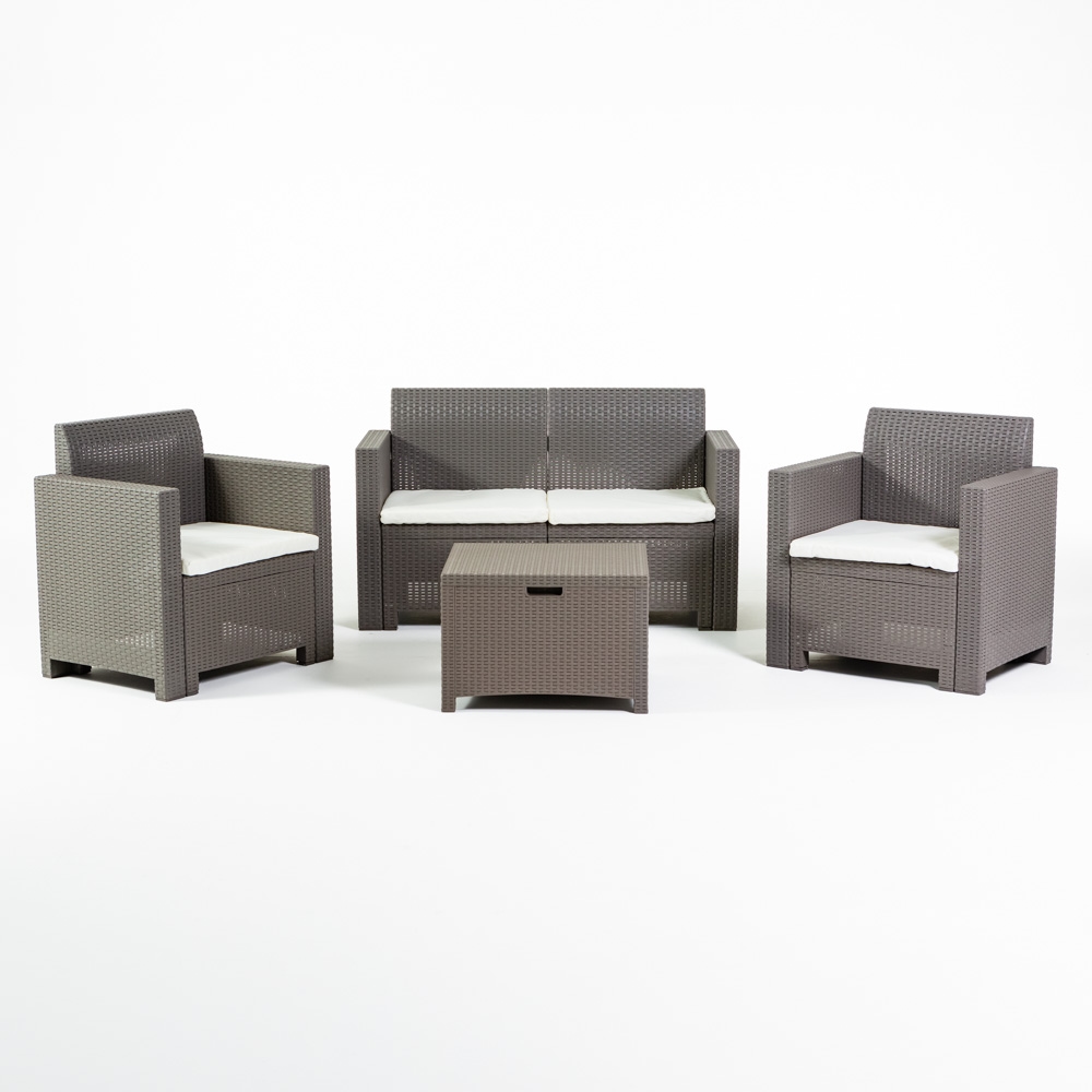RATTATAN Gartenlounge SALINA aus Polyrattan mit abnehmbaren Kissen, bestehend aus einem 2-Sitzer-Sofa, zwei Sesseln und einem Aufbewahrungstisch – Taupe Image
