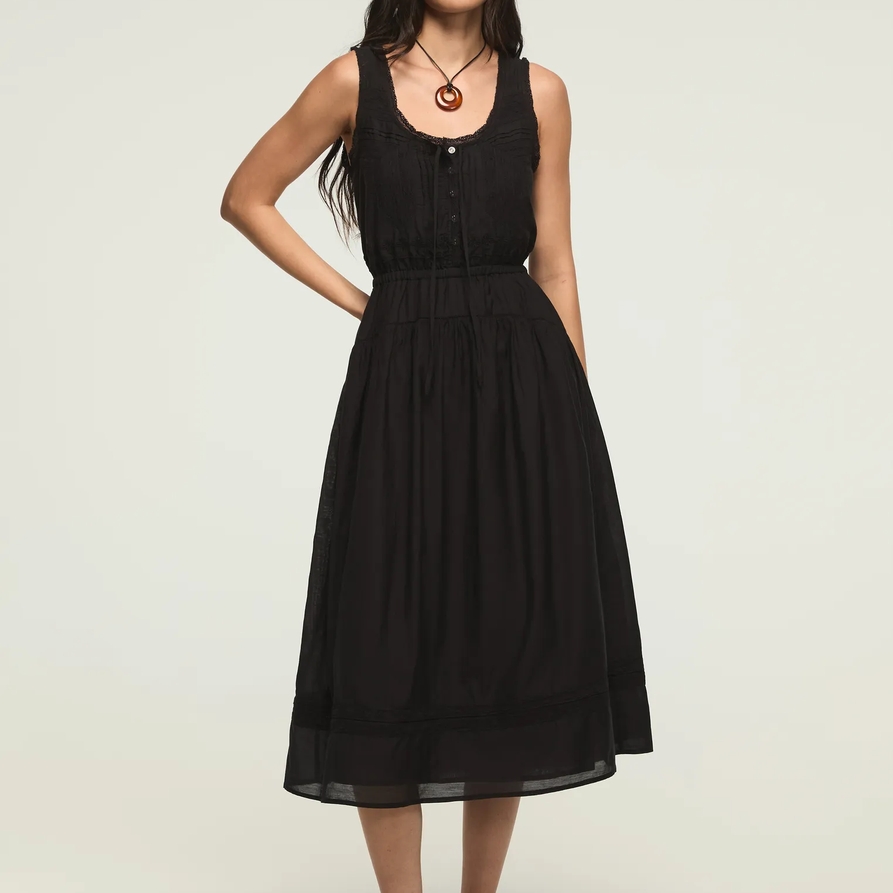 Lucky Brand Lace Inset Midi Dress - Women's Clothing Dresses Shirt Midi Dress in Caviar, Size XL