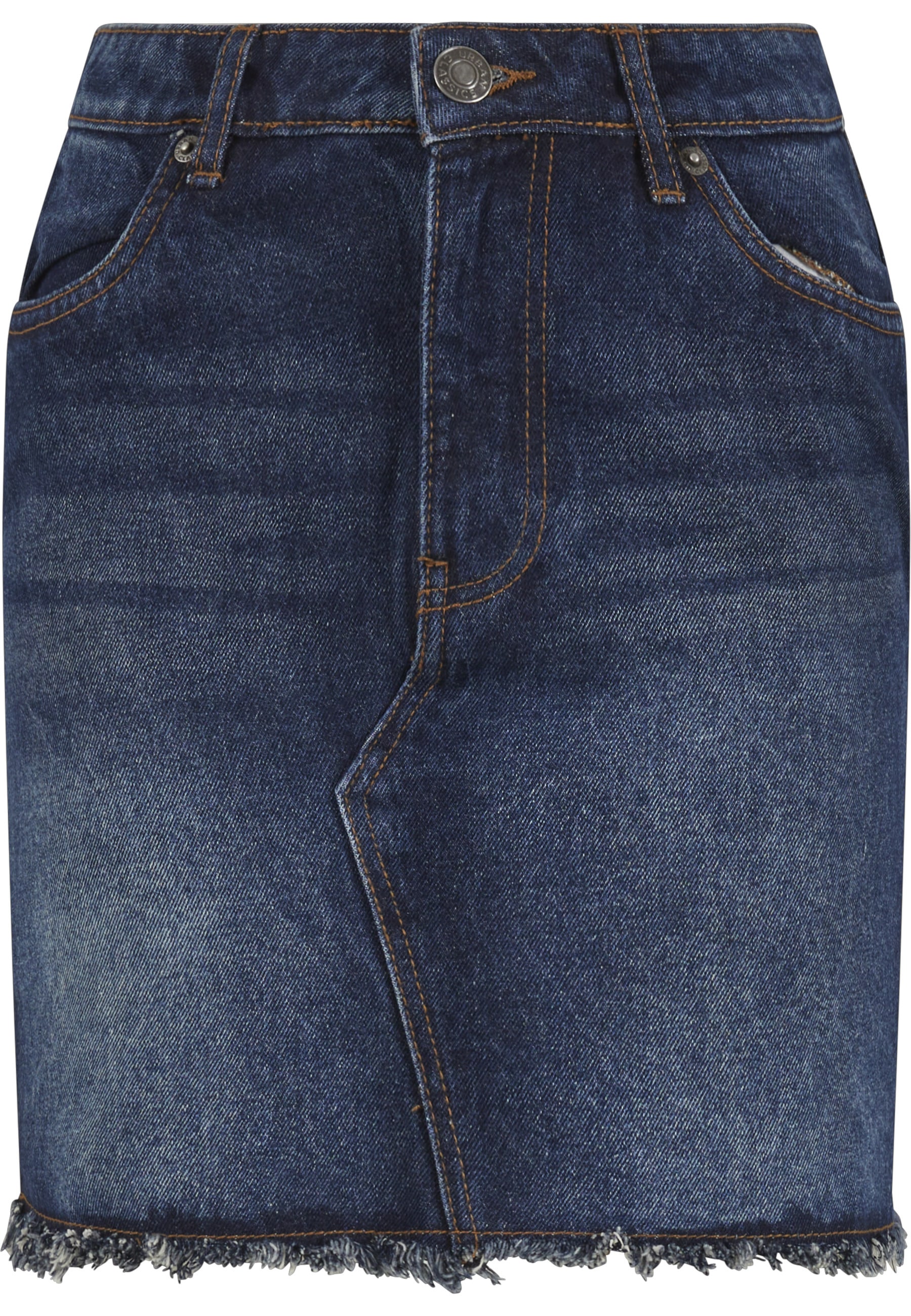 Sommerrock URBAN CLASSICS "Urban Classics Ladies Heavy Mini Denim Skirt", Damen, Gr. 27, new dunkelblau washed, 100% Baumwolle, unifarben, slim fit, Röcke Image