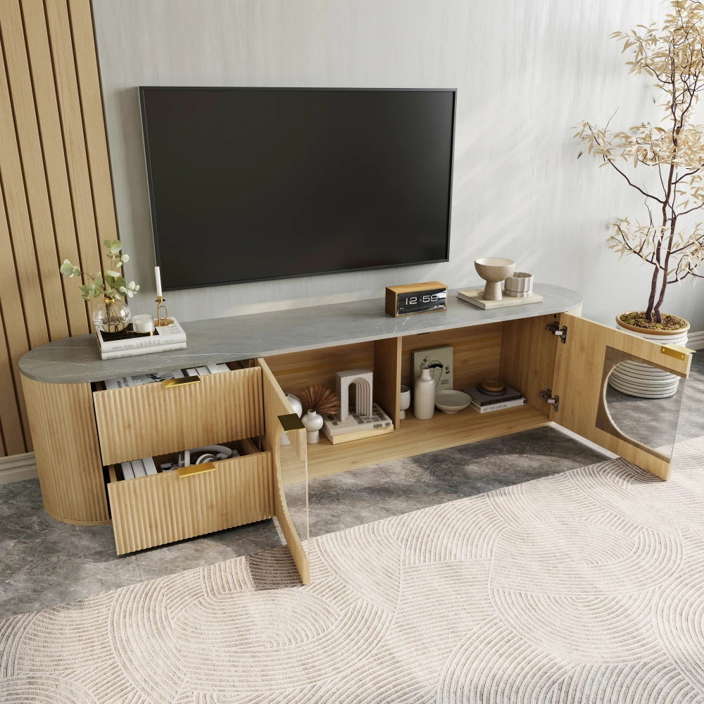 Meuble TV 172*38*45,5 cm en finition bois, portes de meuble avec rayures verticales 3D, vitrine ovale en verre, meuble TV pour salon