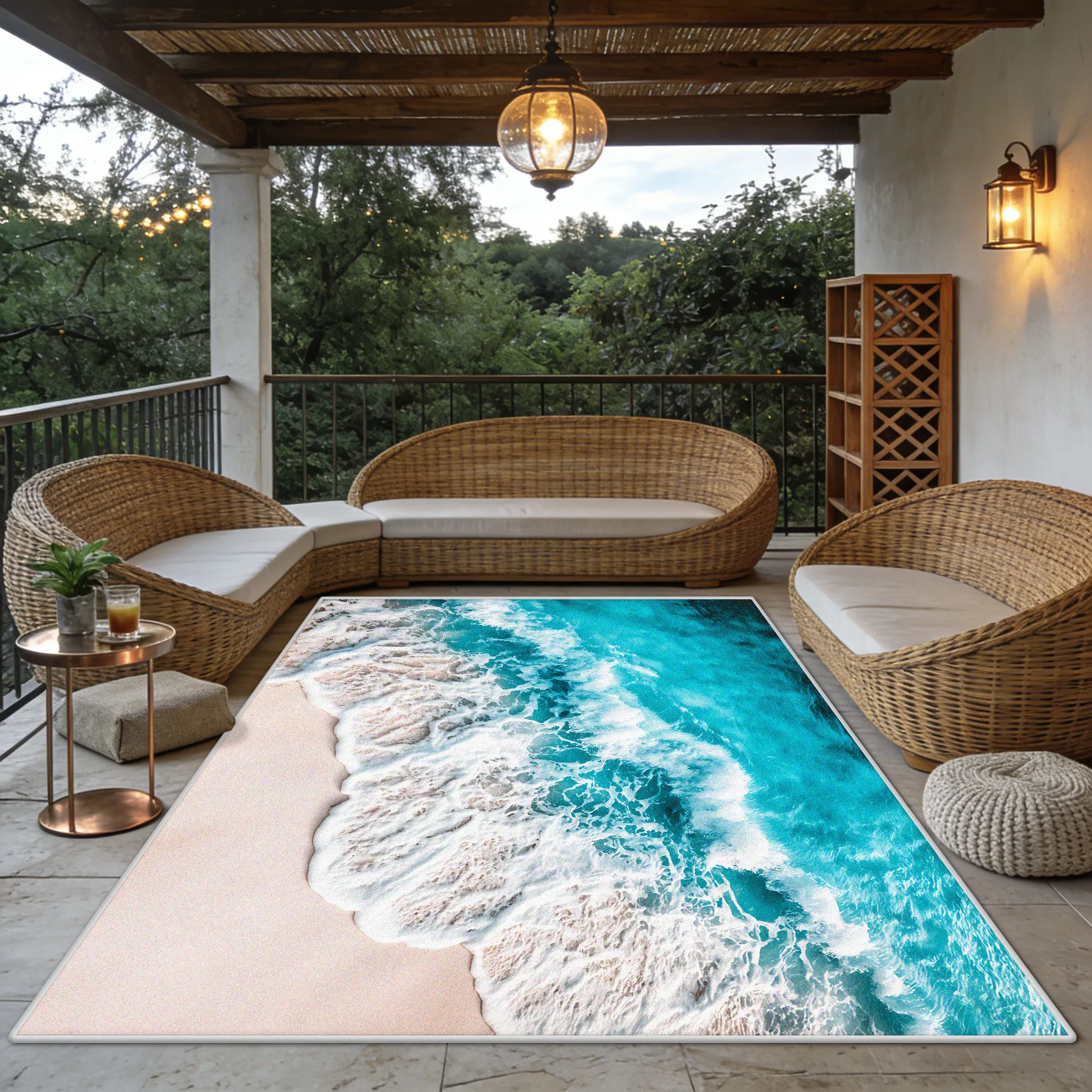 Modern 3D Beach Seaside Non-slip Living Room Carpet Easy Clean Fluffy Kitchen Balcony Rug Foldable Short Velvet Lounge Floor Mat