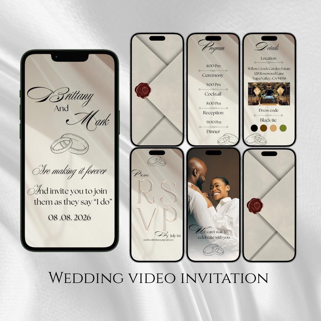 "Video animato di invito di nozze con busta, elegante invito \"save the date\", invito video di nozze, invito di nozze beige, modello Canva"