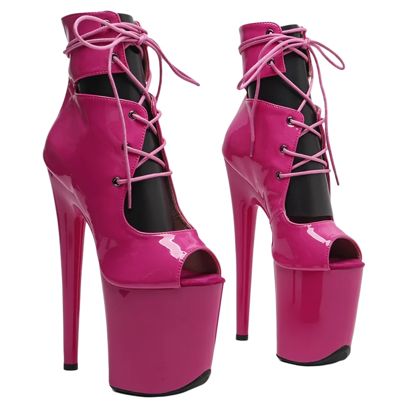 Leecabe 20CM/8 Zoll Lackleder-Stiefeletten mit offener Spitze, modische Schuhe, High-Heel-Plattform-Stiefel mit Stripper-Absatz, Pole-Dance-Stiefel