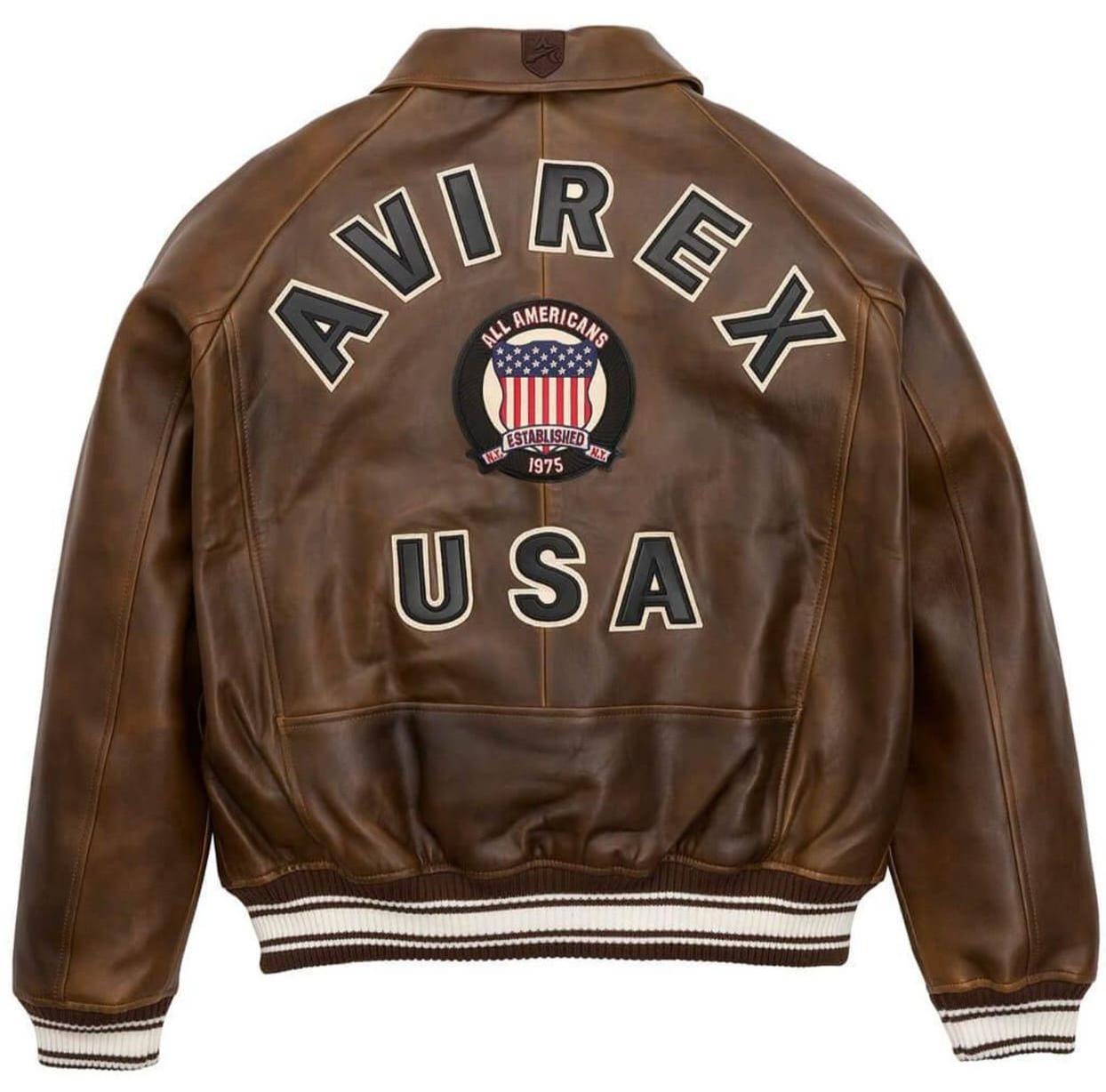Avirex USA Giubbotto bomber in pelle marrone da uomo in stile vintage, giacca da pilota, giacca da motociclista in vera pelle di vacchetta, cappotto s